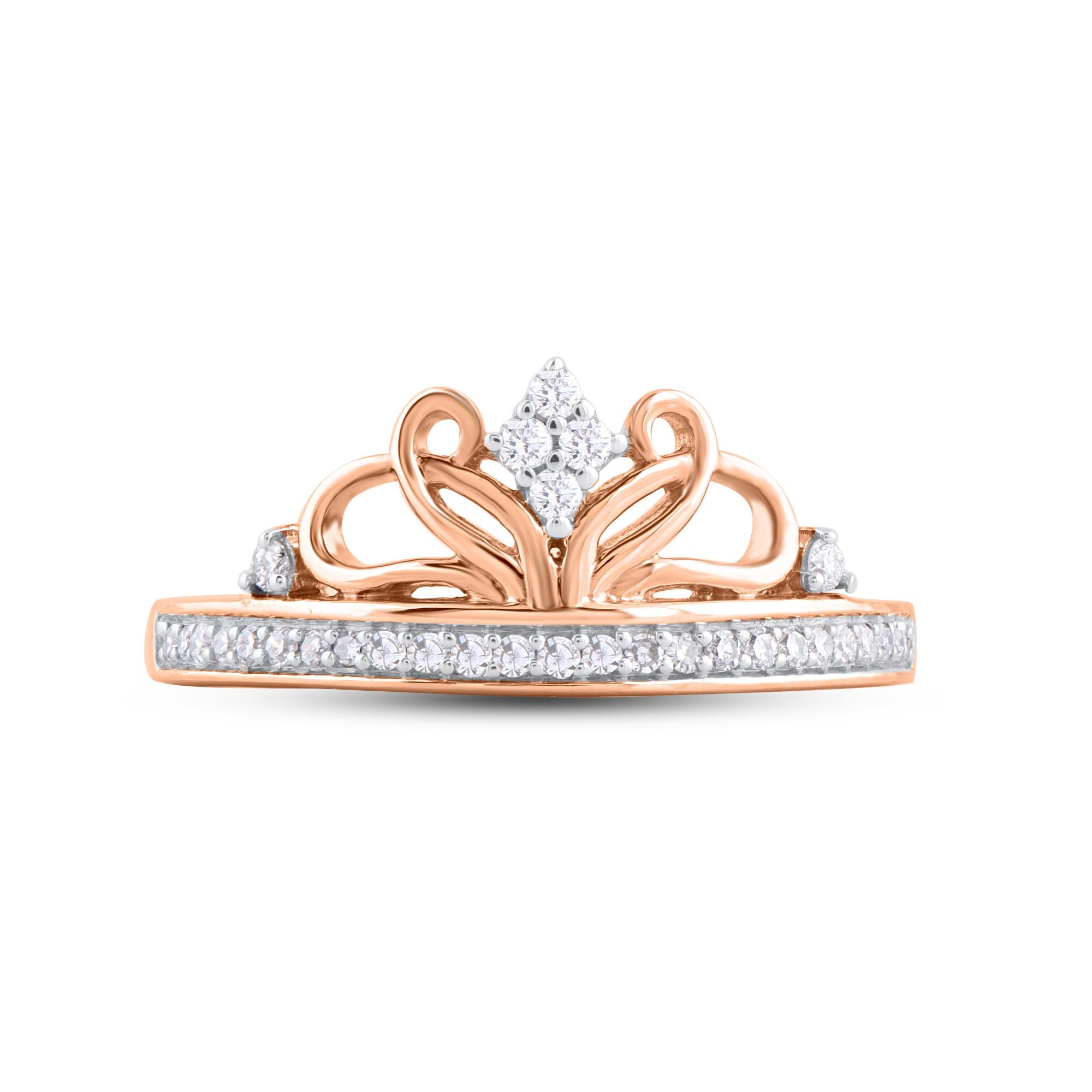Moderne TJD Bague diadème princesse en or rose 14 carats avec diamant naturel rond de 0,20 carat en vente