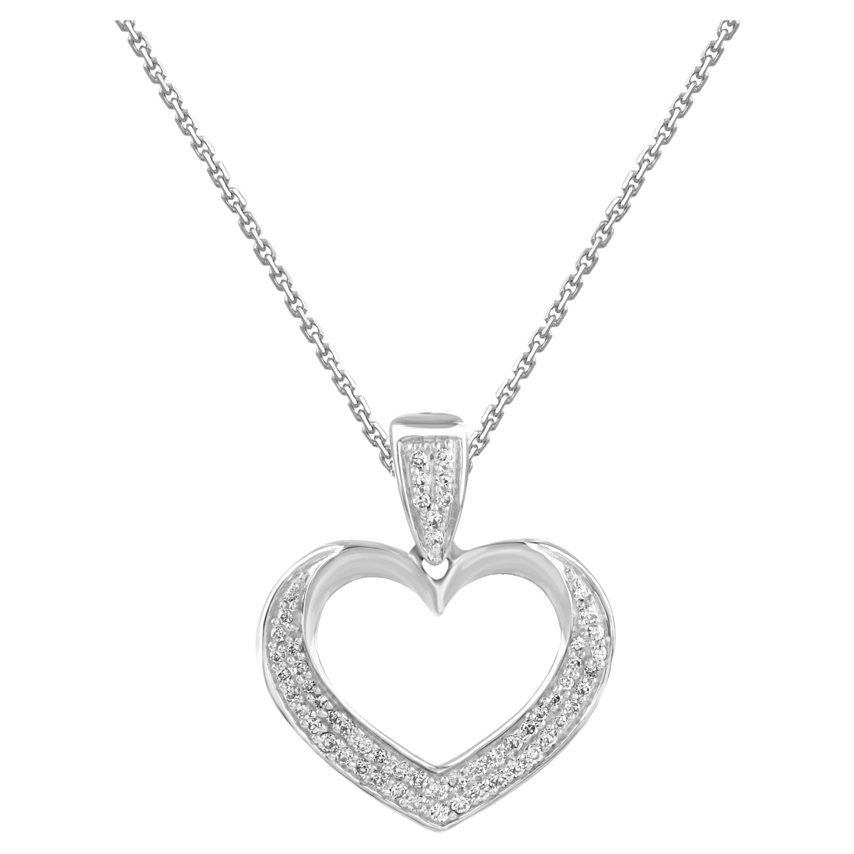 TJD Collier pendentif cœur en or blanc 14 carats avec diamants ronds naturels de 0,20 carat