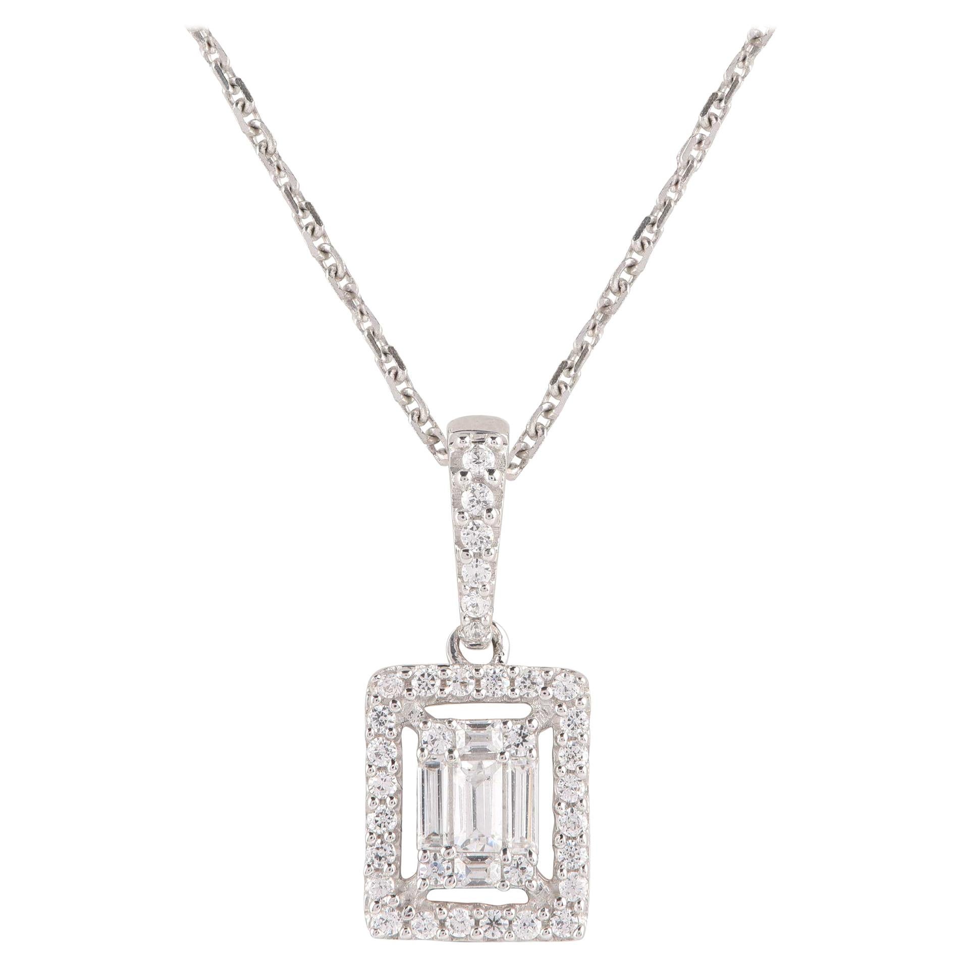 TJD 0.20 Carat Round and Baguette Diamond 18 Karat White Gold Halo Drop Pendant
