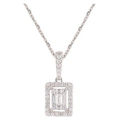 TJD 0.20 Carat Round and Baguette Diamond 18 Karat White Gold Halo Drop Pendant