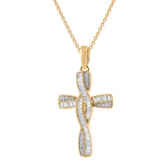 TJD 0.20 Carat Round and Baguette Natural Diamond 14KT Yellow Gold Cross Pendant