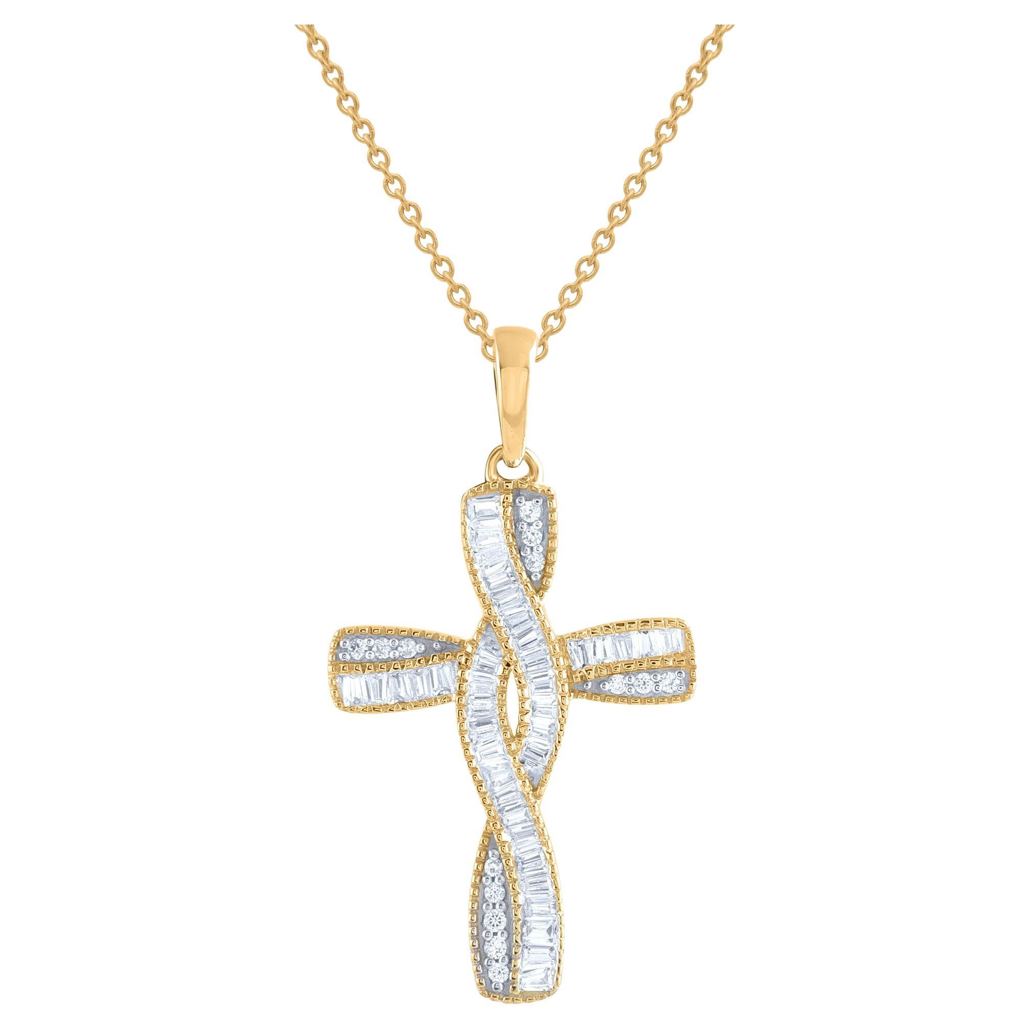 TJD 0.20 Carat Round and Baguette Natural Diamond 14KT Yellow Gold Cross Pendant