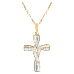 TJD 0.20 Carat Round and Baguette Natural Diamond 14KT Yellow Gold Cross Pendant