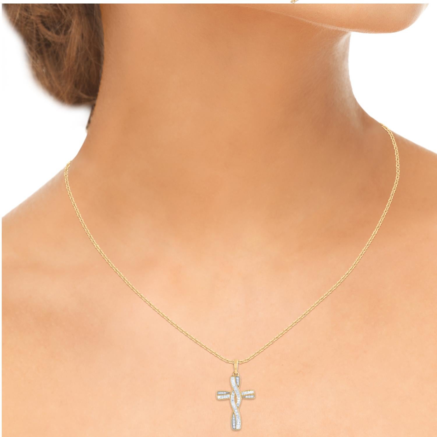 Baguette Cut TJD 0.20 Carat Round and Baguette Natural Diamond 18KT Yellow Gold Cross Pendant For Sale