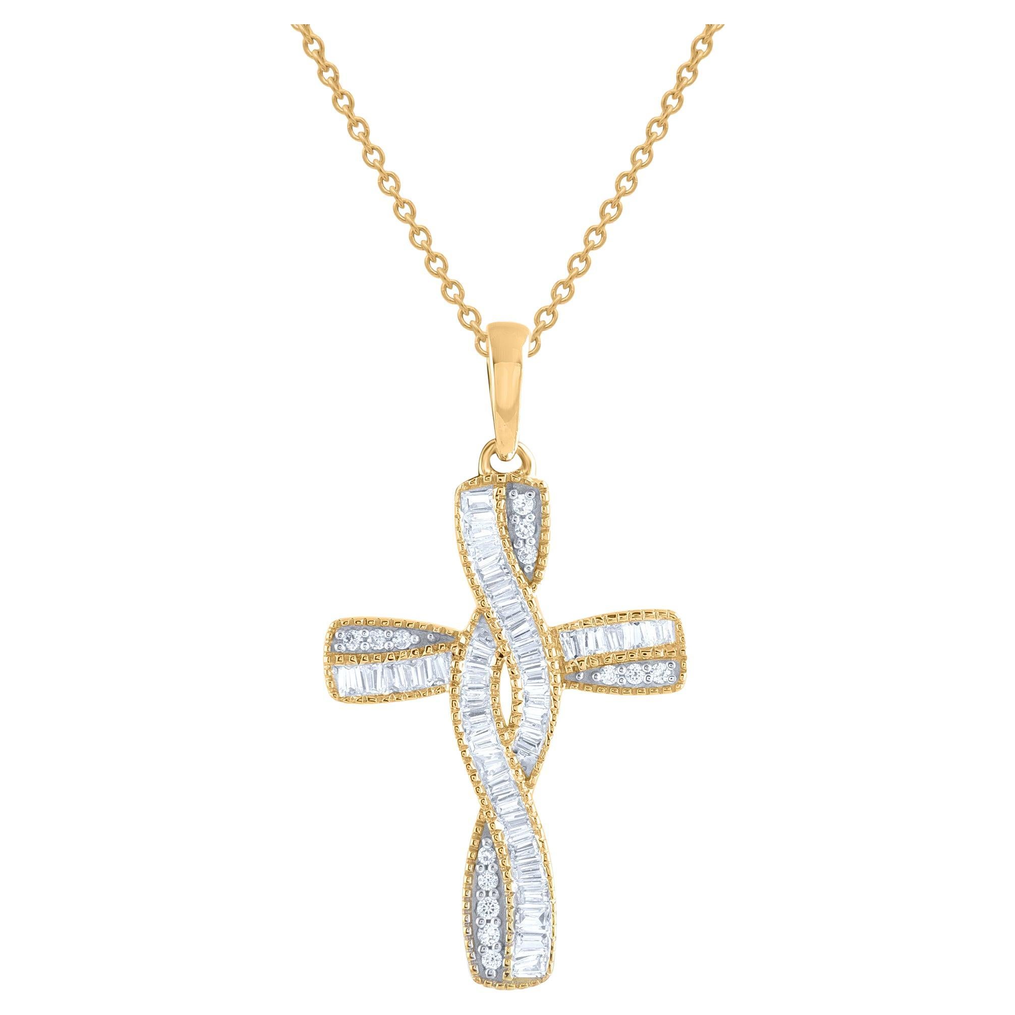 TJD 0.20 Carat Round and Baguette Natural Diamond 18KT Yellow Gold Cross Pendant For Sale