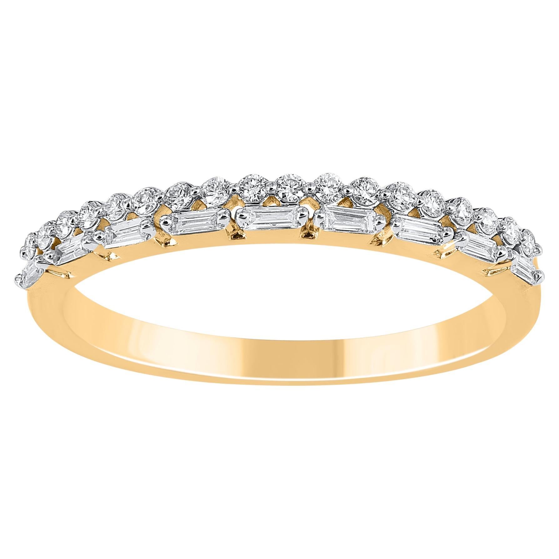 TJD 0,20 Karat runder & Baguetteschliff Diamant 14KT Gelbgold Ehering im Angebot