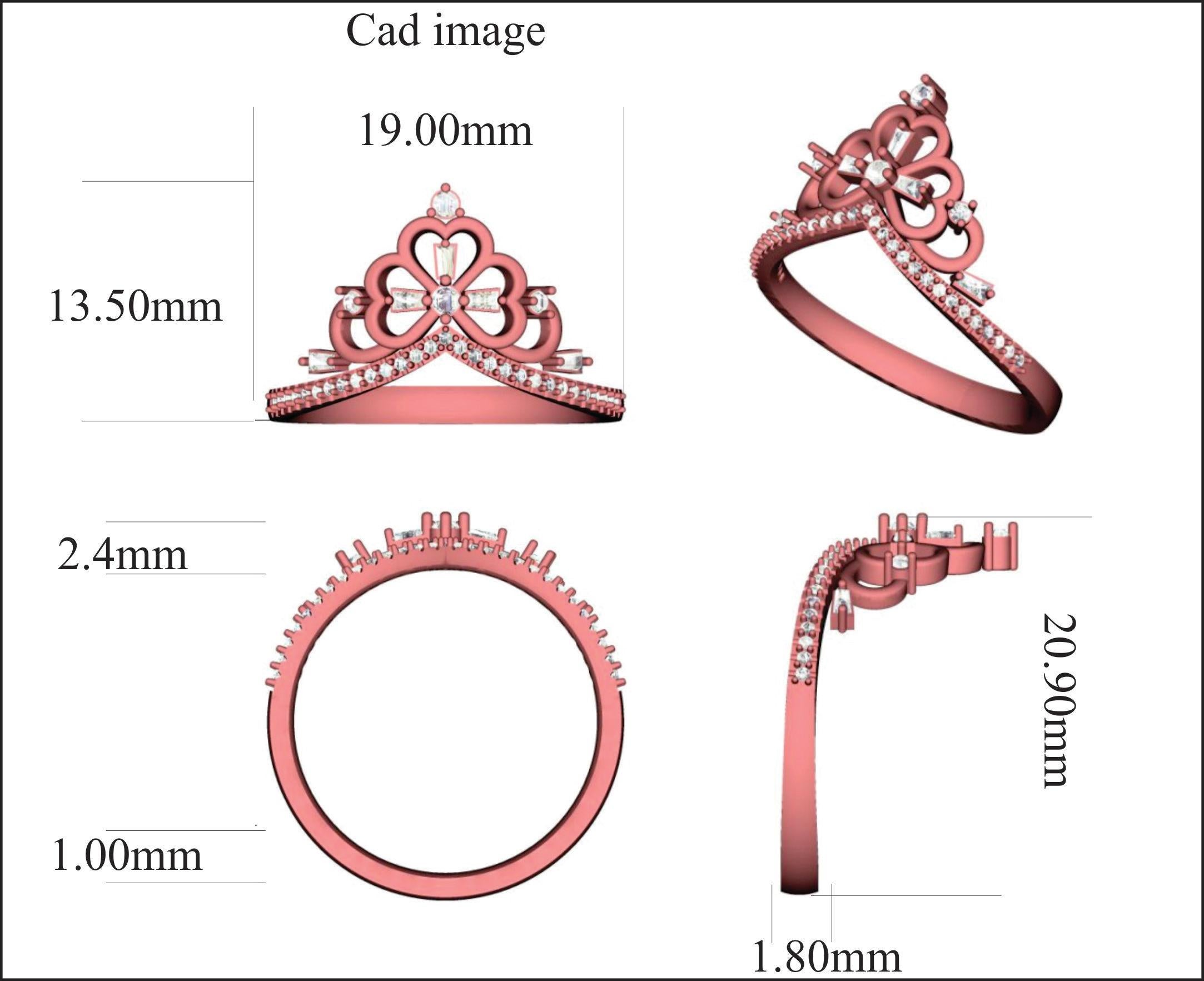 Cette bague princesse diadème est réalisée en or jaune 14 carats et comporte 33 diamants ronds et 5 diamants baguettes en serti clos, de couleur H-I et de pureté I2. Cette bague diadème de princesse présente une finition très polie et constitue un