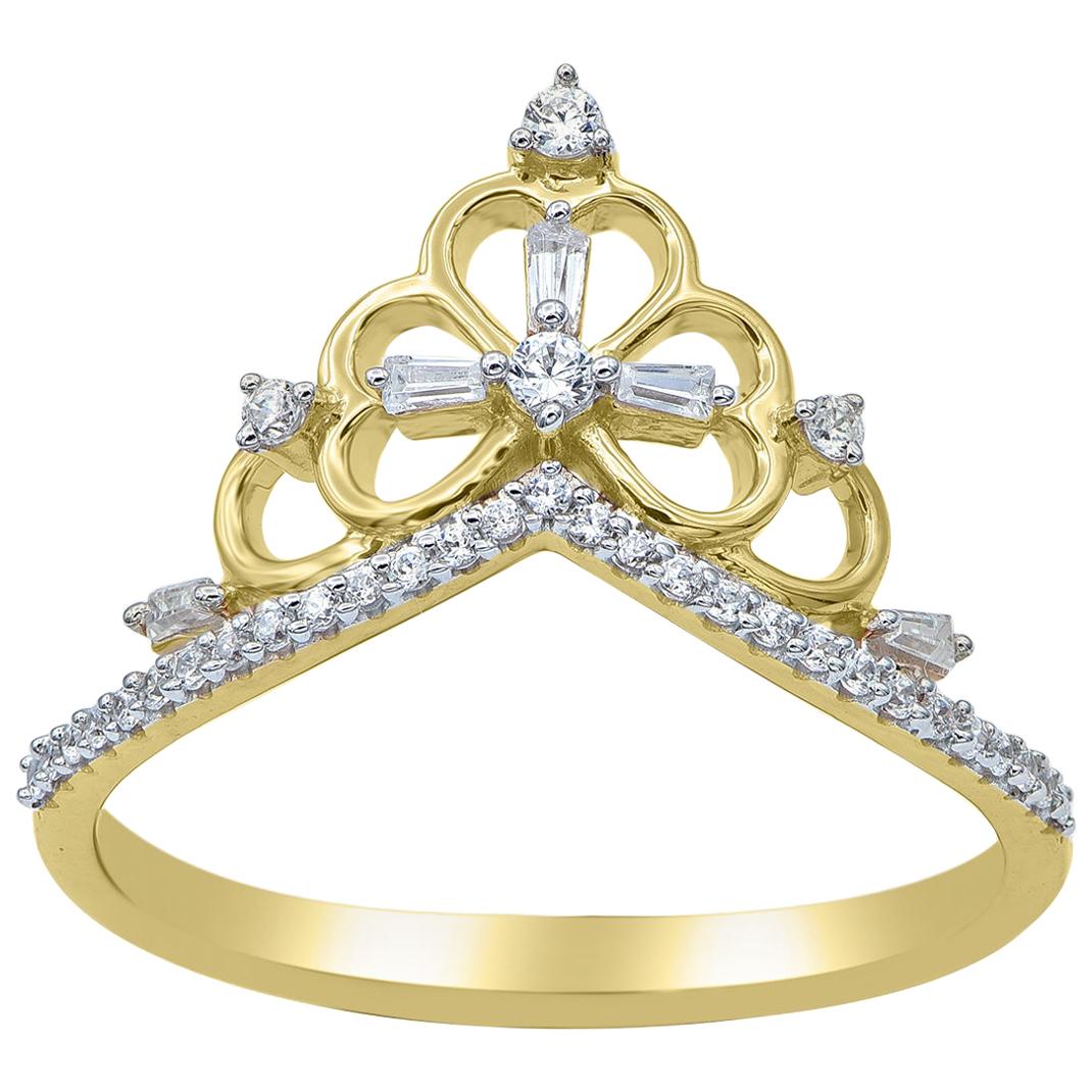 TJD 0.20 Carat Round & Baguette Diamond 14 Karat Yellow Gold Princess Tiara Ring For Sale