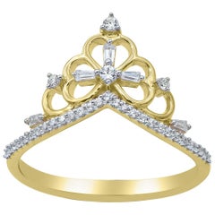TJD 0,20 Karat runder & Baguette-Diamant 14 Karat Gelbgold Prinzessin Tiara Ring