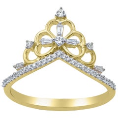 TJD 0.20 Carat Round & Baguette Diamond 14 Karat Yellow Gold Princess Tiara Ring