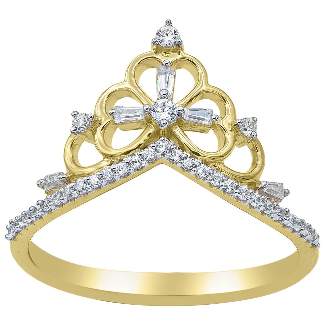 TJD Bague diadème princesse en or jaune 14 carats avec diamants ronds et baguettes de 0,20 carat en vente