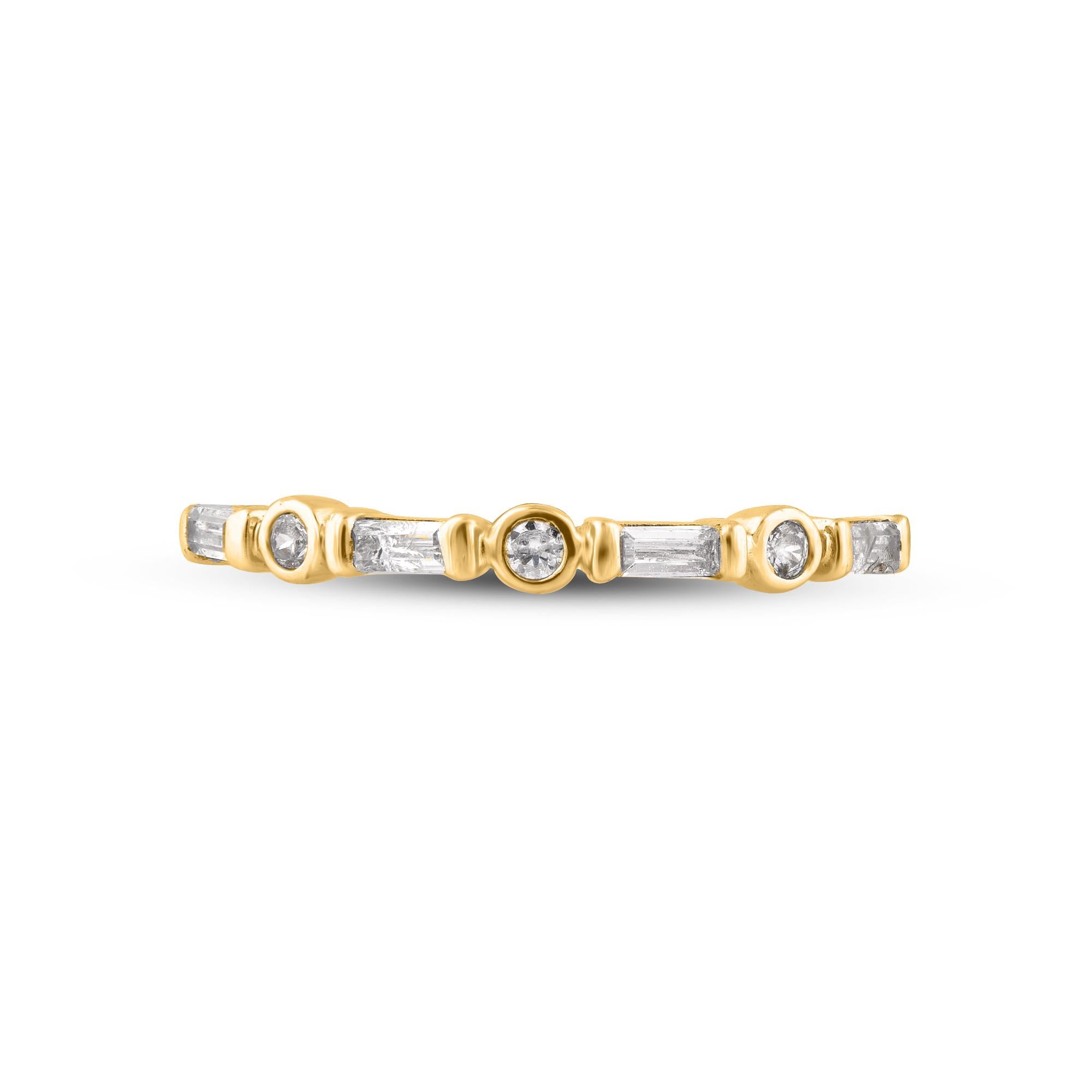 Dazzling and classic, this diamond band ring is anything but ordinary. This band ring features a sparkling 7 brilliant cut & baguette diamonds beautifully in bezel & channel setting. The total diamond weight is 0.20 Carat. The diamonds are graded as