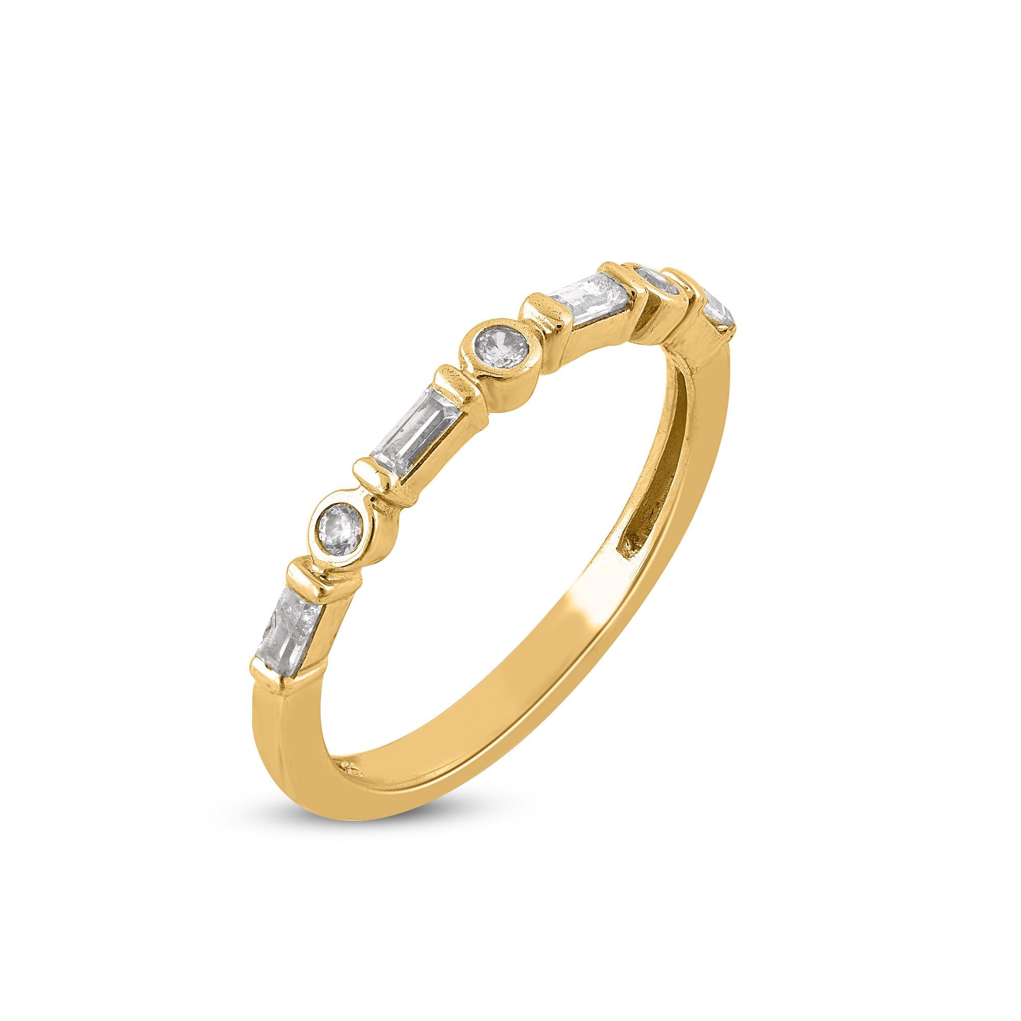 Art Deco TJD 0.20 Carat Round & Baguette Diamond 14KT Gold Stackable Wedding Band Ring For Sale
