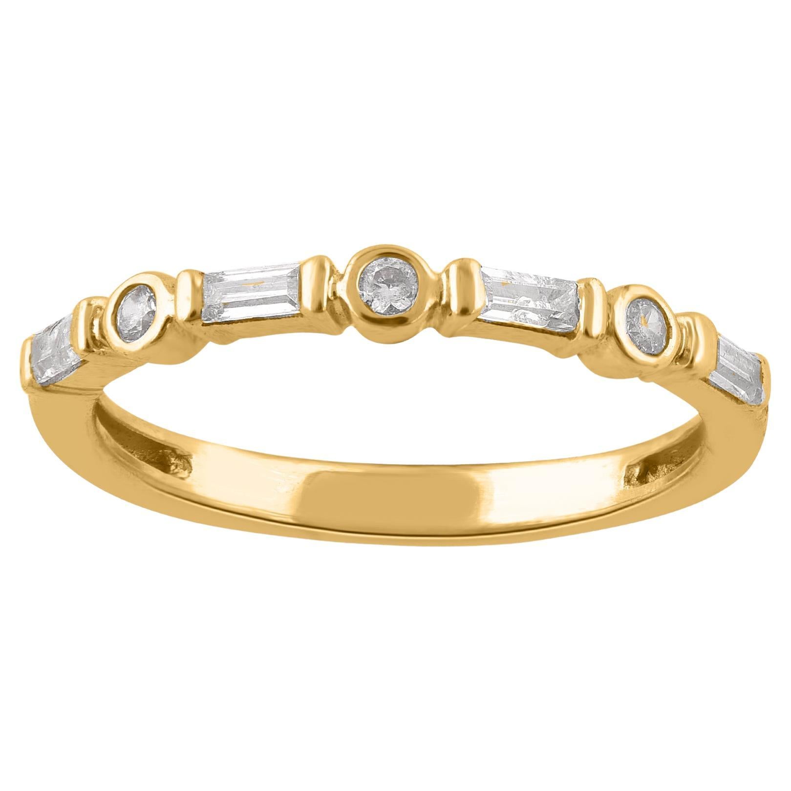 TJD 0.20 Carat Round & Baguette Diamond 14KT Gold Stackable Wedding Band Ring