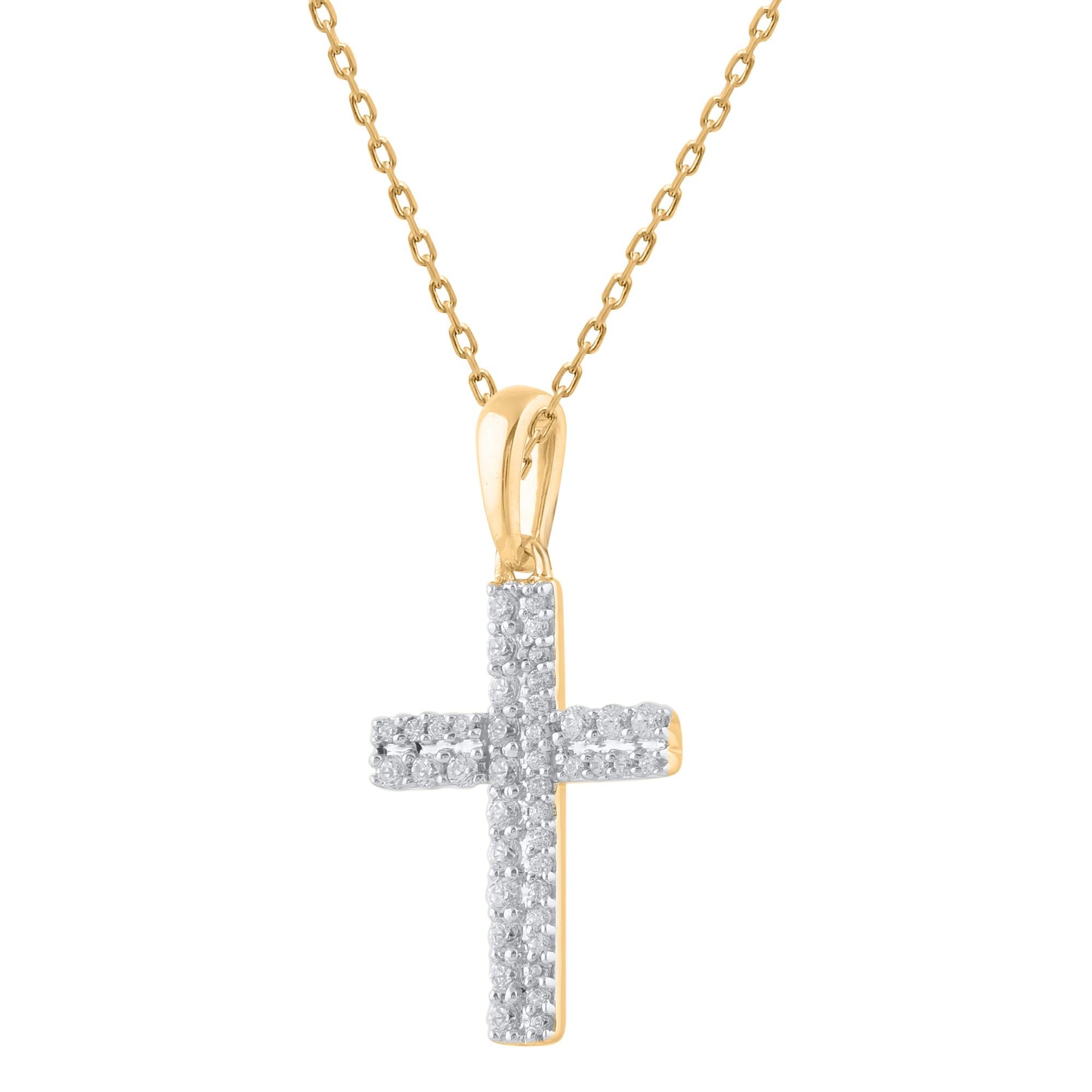 Make a bold statement of style and beliefs with the eye-catching elegance of this diamond cross pendant.  Beautifully crafted by our inhouse experts in 14kt yellow gold and embellished with 42 round single cut & brilliant cut diamond set in prong