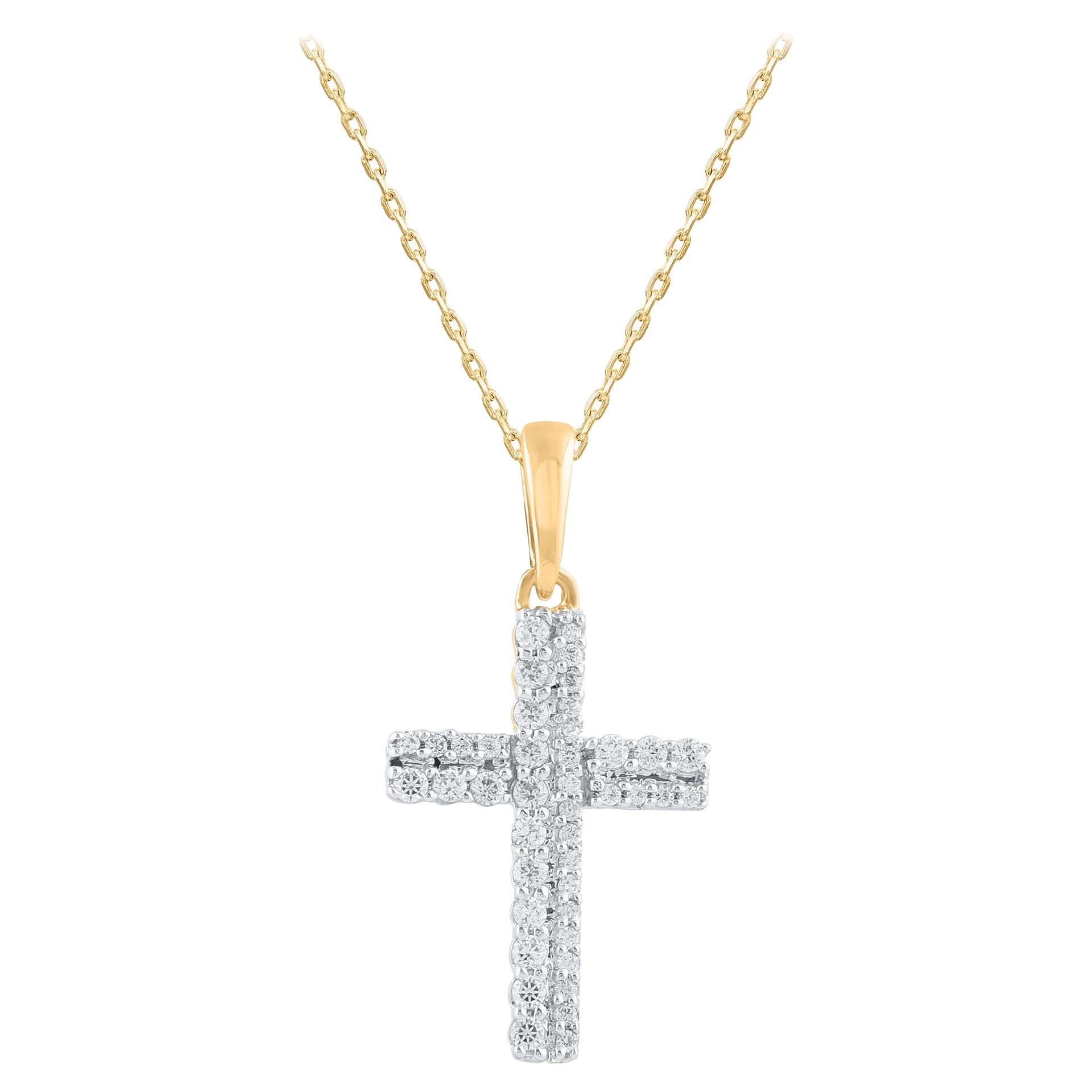 TJD 0.20 Carat Round Cut Diamond Cross Pendant Necklace in 14 Karat Yellow Gold