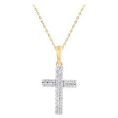 TJD 0.20 Carat Round Cut Diamond Cross Pendant Necklace in 14 Karat Yellow Gold