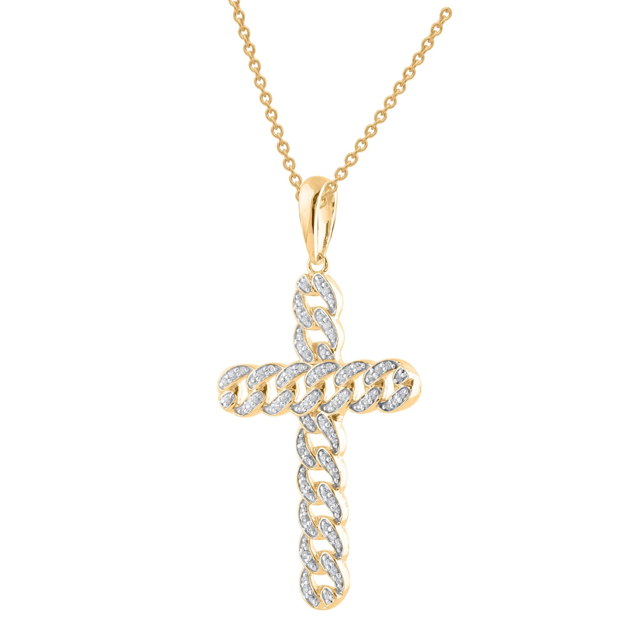 Make a bold statement of style and beliefs with the eye-catching elegance of this diamond cross pendant.  Beautifully crafted by our inhouse experts in 14kt yellow gold and embellished with 84 round diamond set in pave setting. The total diamond