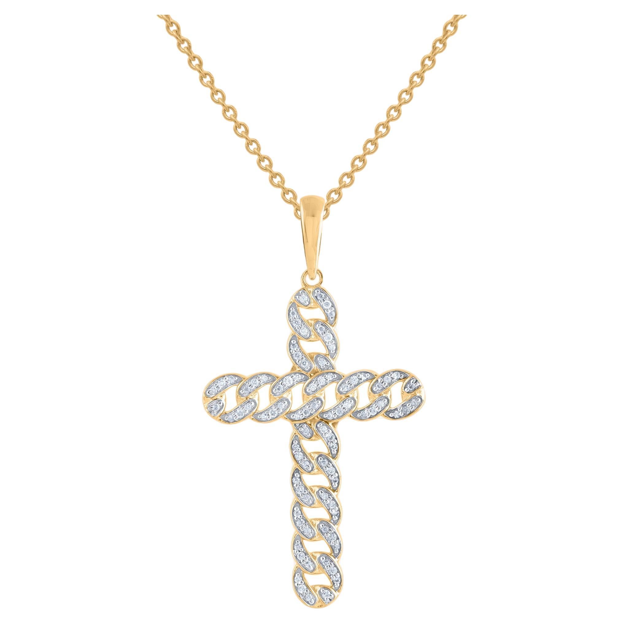 TJD 0.20 Carat Round Cut Diamond Cross Pendant Necklace in 18KT Yellow Gold