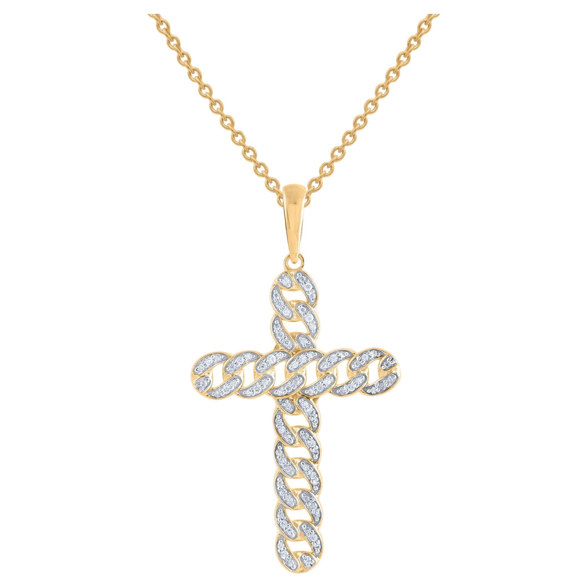 TJD 0.20 Carat Round Cut Diamond Cross Pendant Necklace in 18KT Yellow Gold