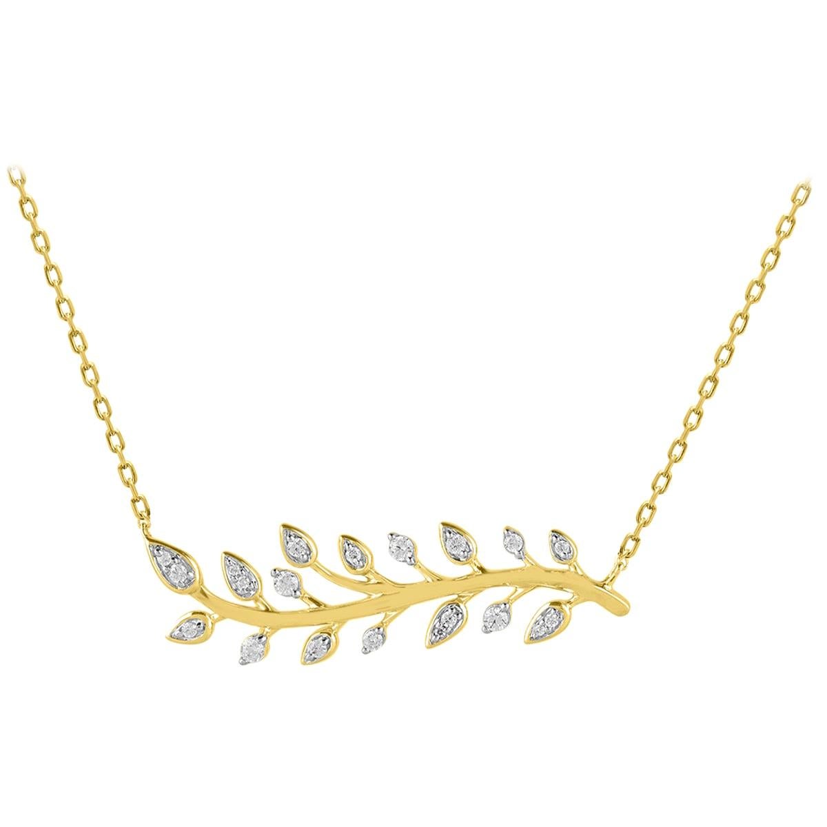 TJD 1/5 Carat Round Diamond 14K Yellow Gold Stationed Bar Leaf Designer Necklace For Sale