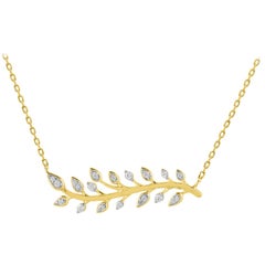 TJD 1/5 Carat Round Diamond 14K Yellow Gold Stationed Bar Leaf Designer Necklace