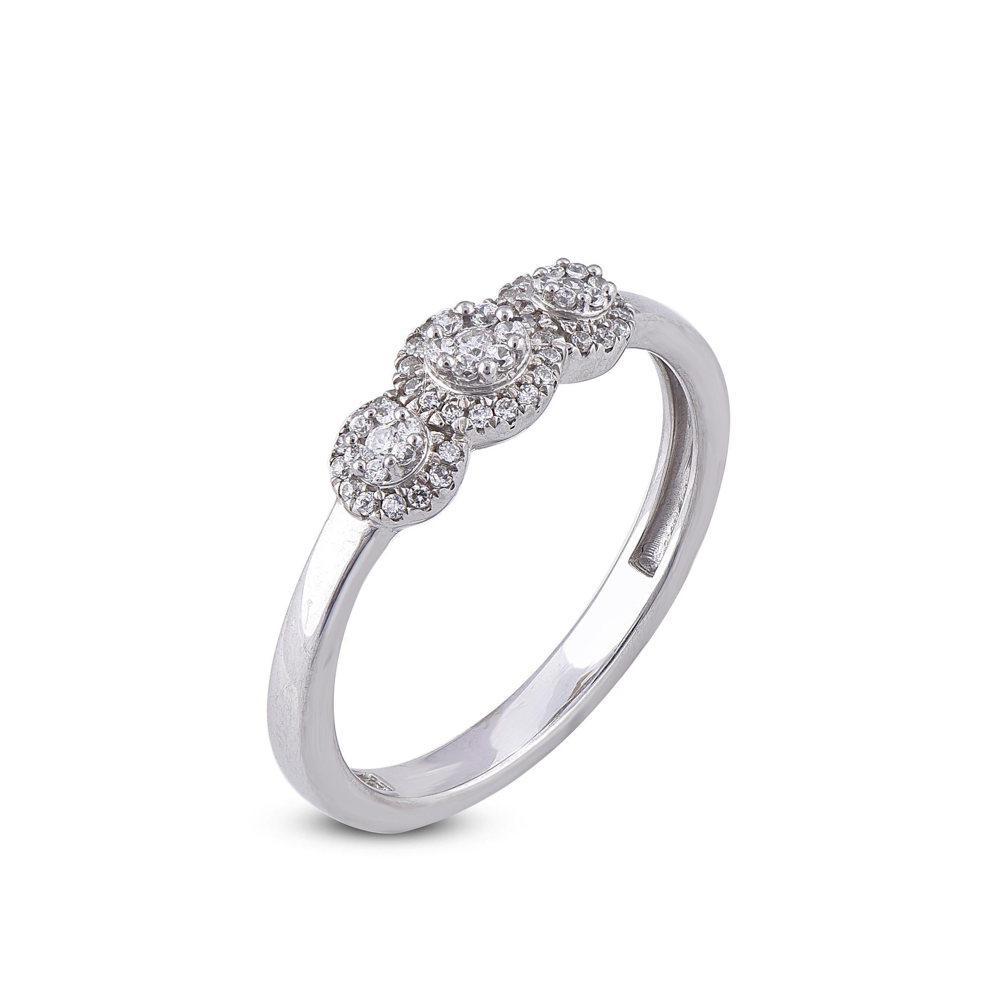 Make lifelong memory with this 3 cluster ring shimmers beautifully with 57 round natural diamonds with 0.20ct sets in prong and pressure setting. This cluster design ring fashioned in solid 14 karat white gold and H-I color I2 clarity
