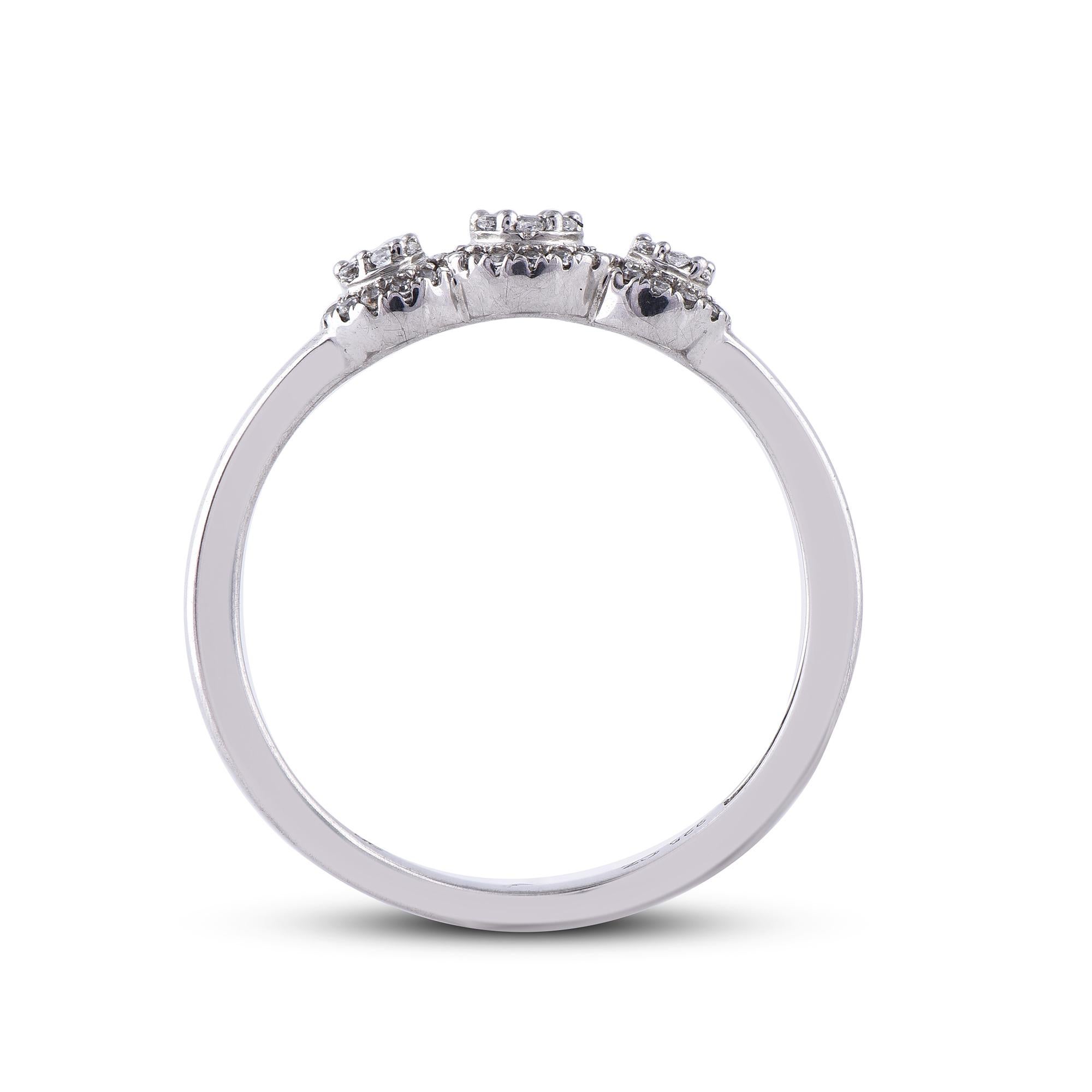 Women's TJD 0.20 Carat Round Diamond 14 Karat White Gold Halo 3 Cluster Engagement Ring For Sale