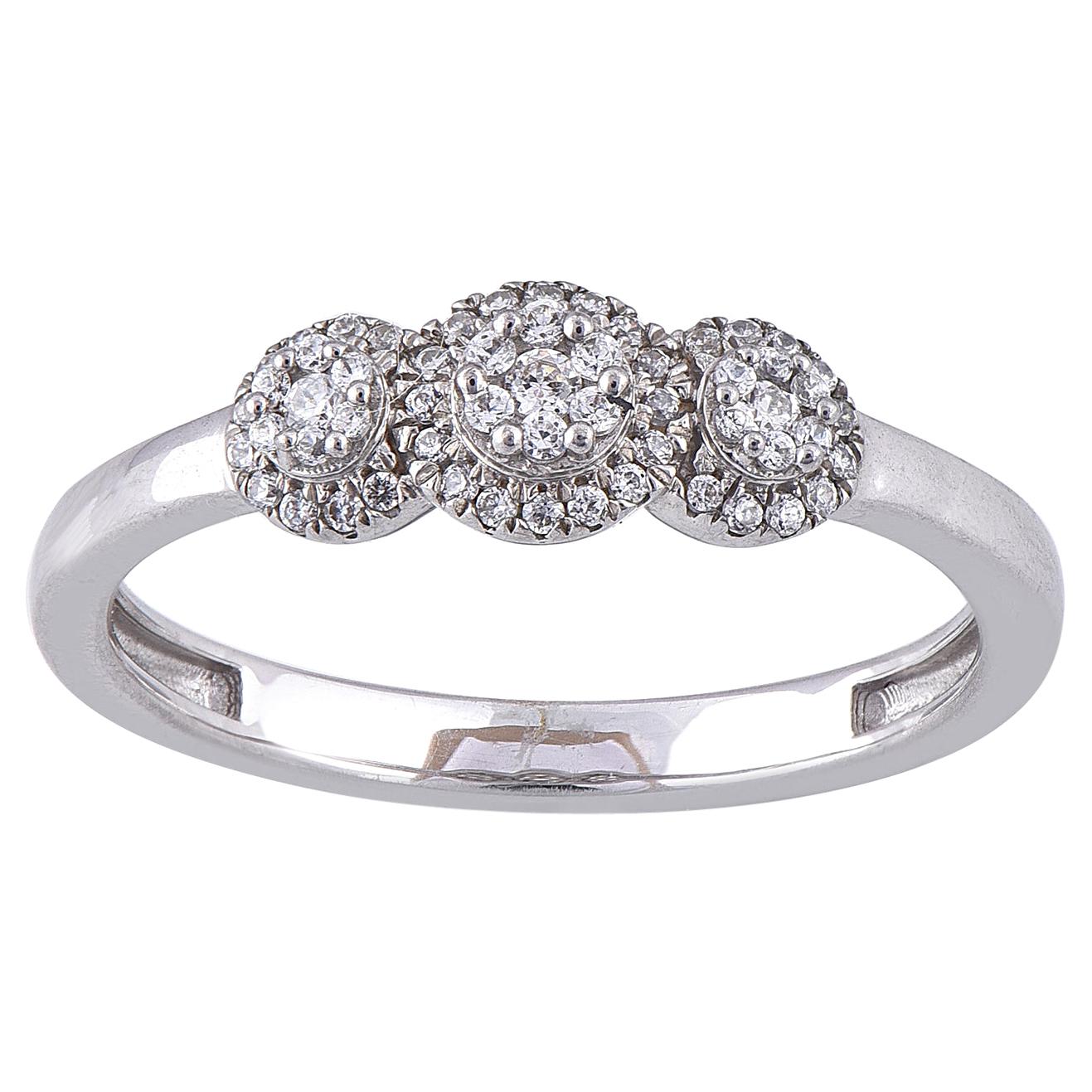 TJD 0.20 Carat Round Diamond 14 Karat White Gold Halo 3 Cluster Engagement Ring For Sale