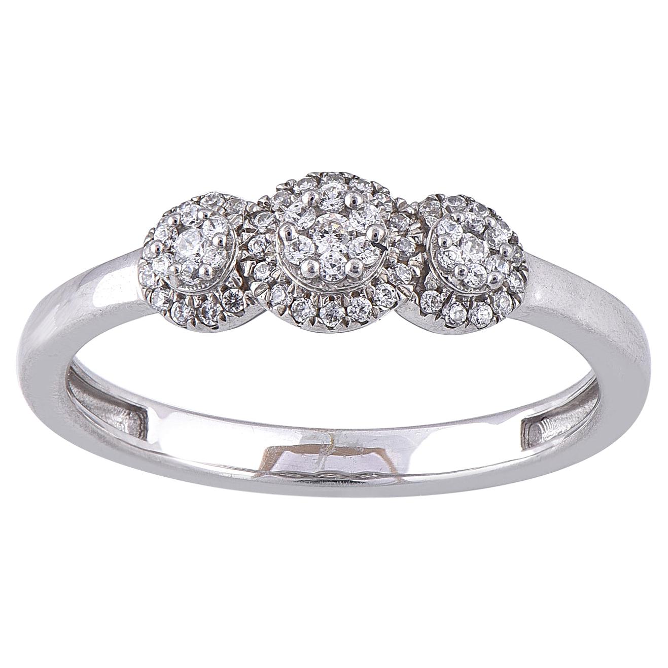 TJD 0.20 Carat Round Diamond 14 Karat White Gold Halo 3 Cluster Engagement Ring