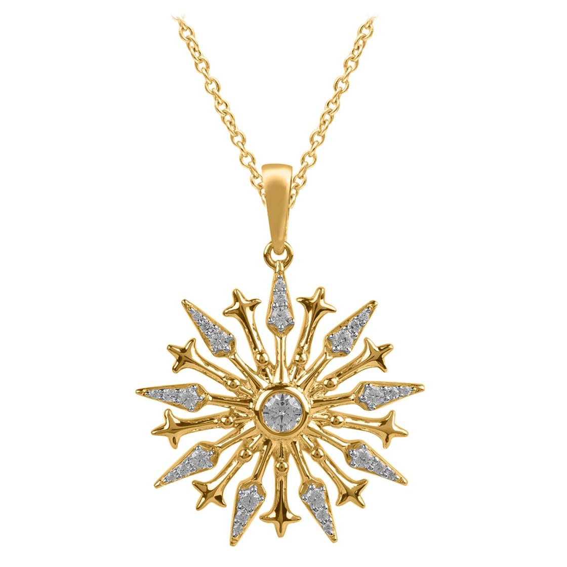 TJD 0.20 Carat Round Diamond 14 Karat Yellow Gold Designer Snowflake Pendant