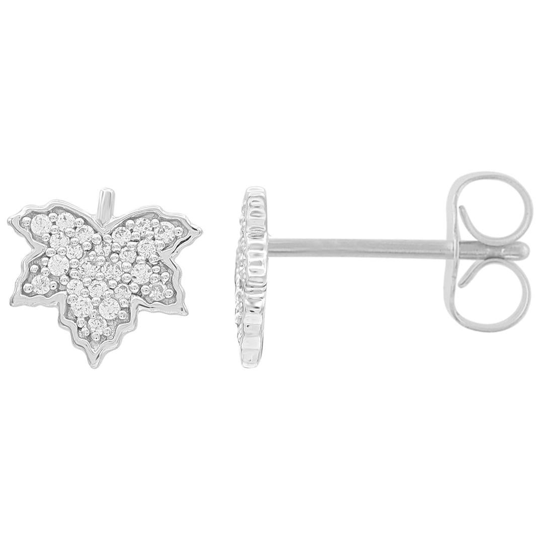 TJD 0.20 Carat Round Diamond 14K White Gold Designer Leaf Shaped Stud Earrings For Sale