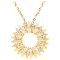 TJD 0.20 Carat Round Diamond 14K Yellow Gold Designer Sunflower Diamond Pendant