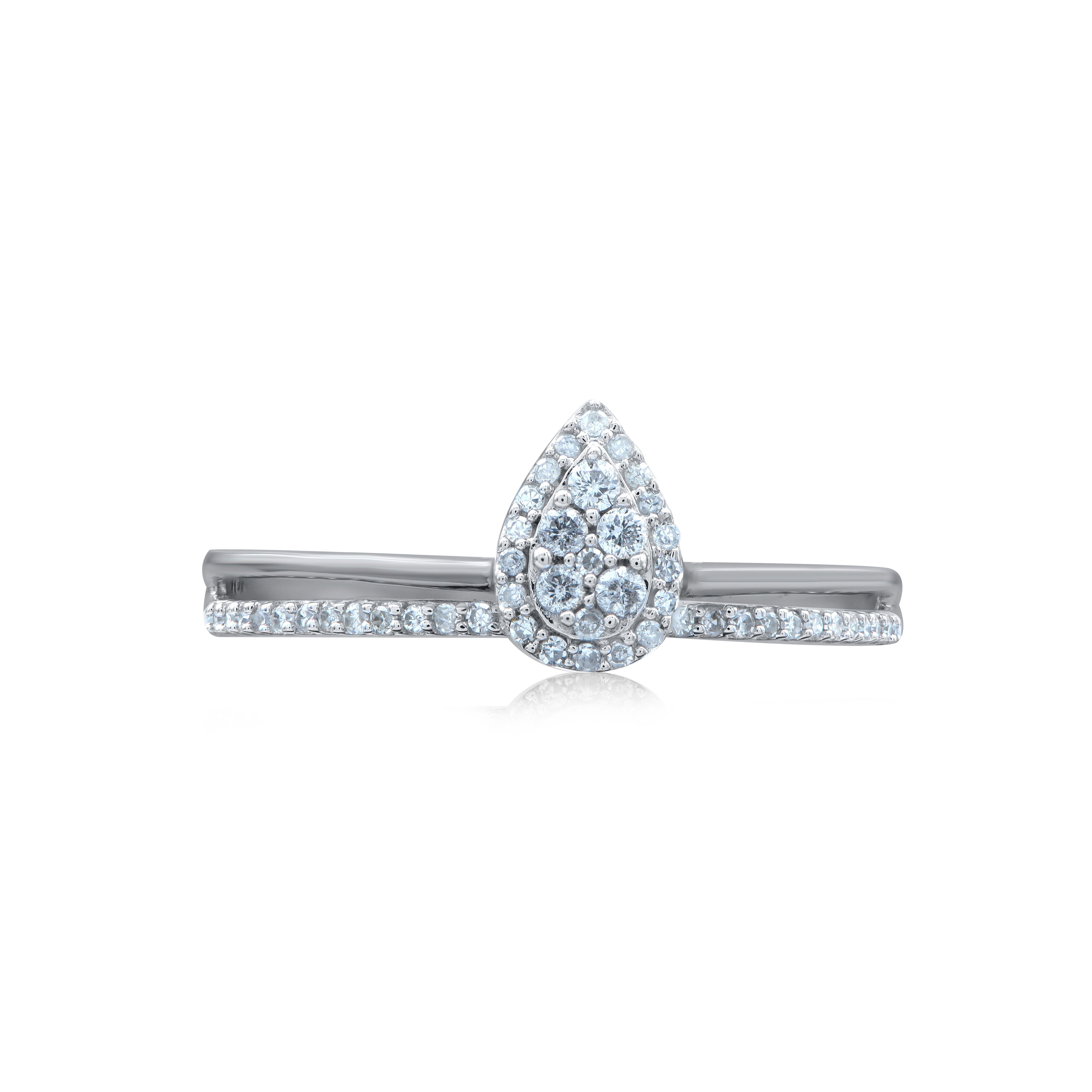 Contemporain Bague de fiançailles à tige fendue en or 14 carats avec diamants ronds de 0,20 carat en forme de poire TJD en vente