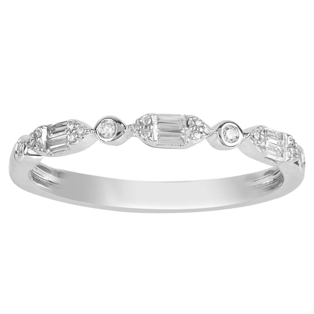 TJD 0.20 Carat Round and Baguette Diamond 14K White Gold Anniversary Band Ring For Sale