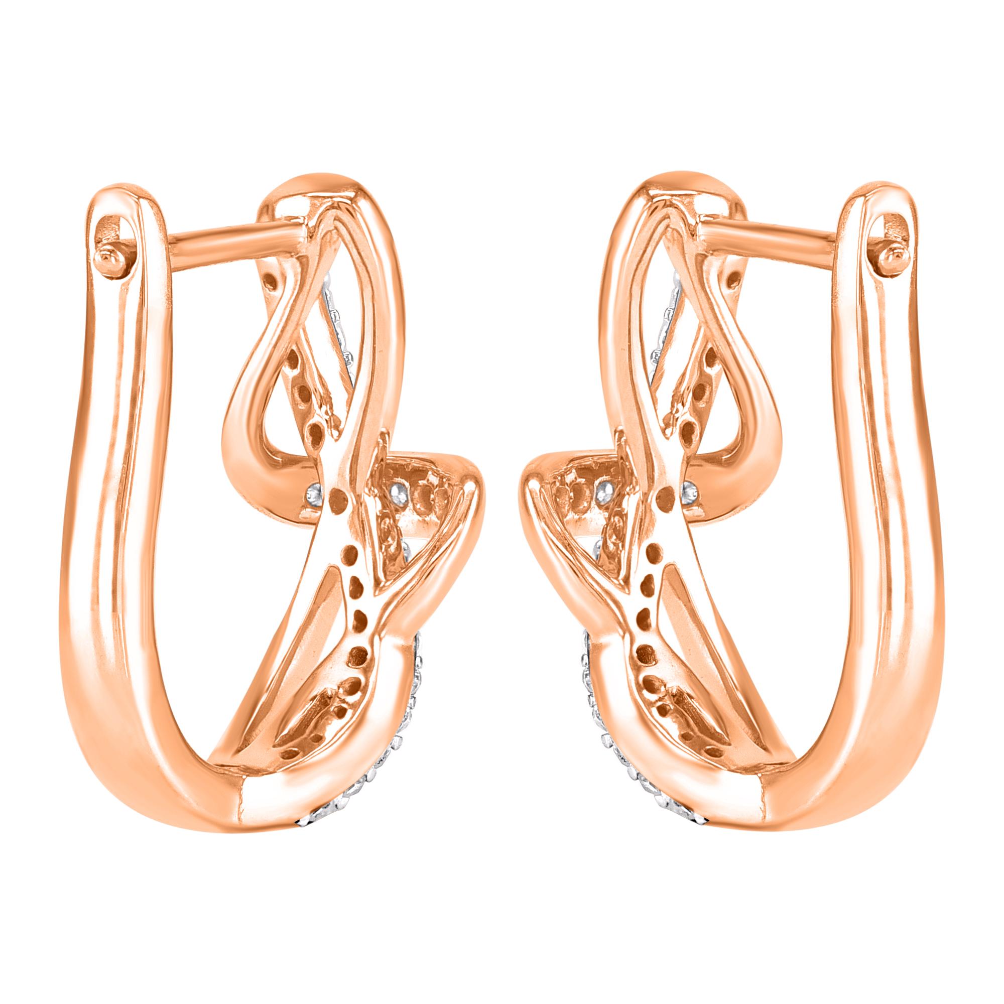 Art Deco TJD 0.20Carat Round Diamond 14 Karat Rose Gold Twisted Knot Huggie Hoop Earrings For Sale