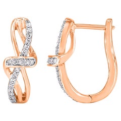 TJD 0.20Carat Round Diamond 14 Karat Rose Gold Twisted Knot Huggie Hoop Earrings