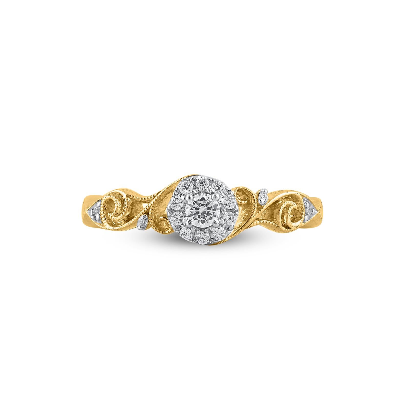 Win her heart with this classic and elegant diamond wedding ring. These diamond ring is studded with 15 brilliant cut round diamonds in prong setting and crafted in 14kt yellow gold. The white diamonds are graded as H-I color and I2 clarity and a