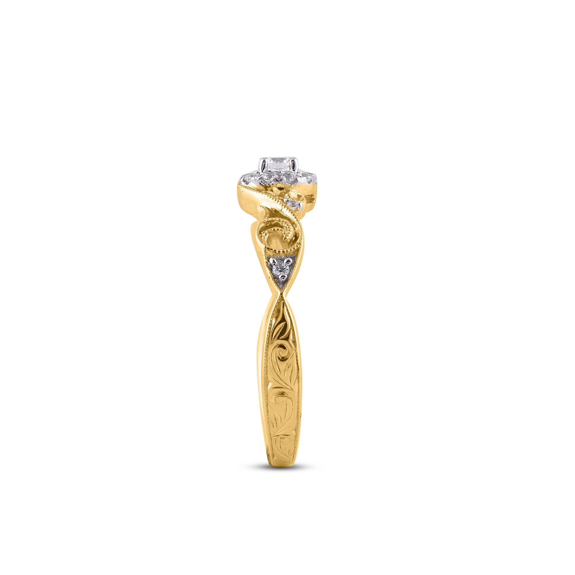 Round Cut TJD 0.21 Carat Brilliant Cut Diamond 14KT Yellow Gold Vintage Engagement Ring For Sale