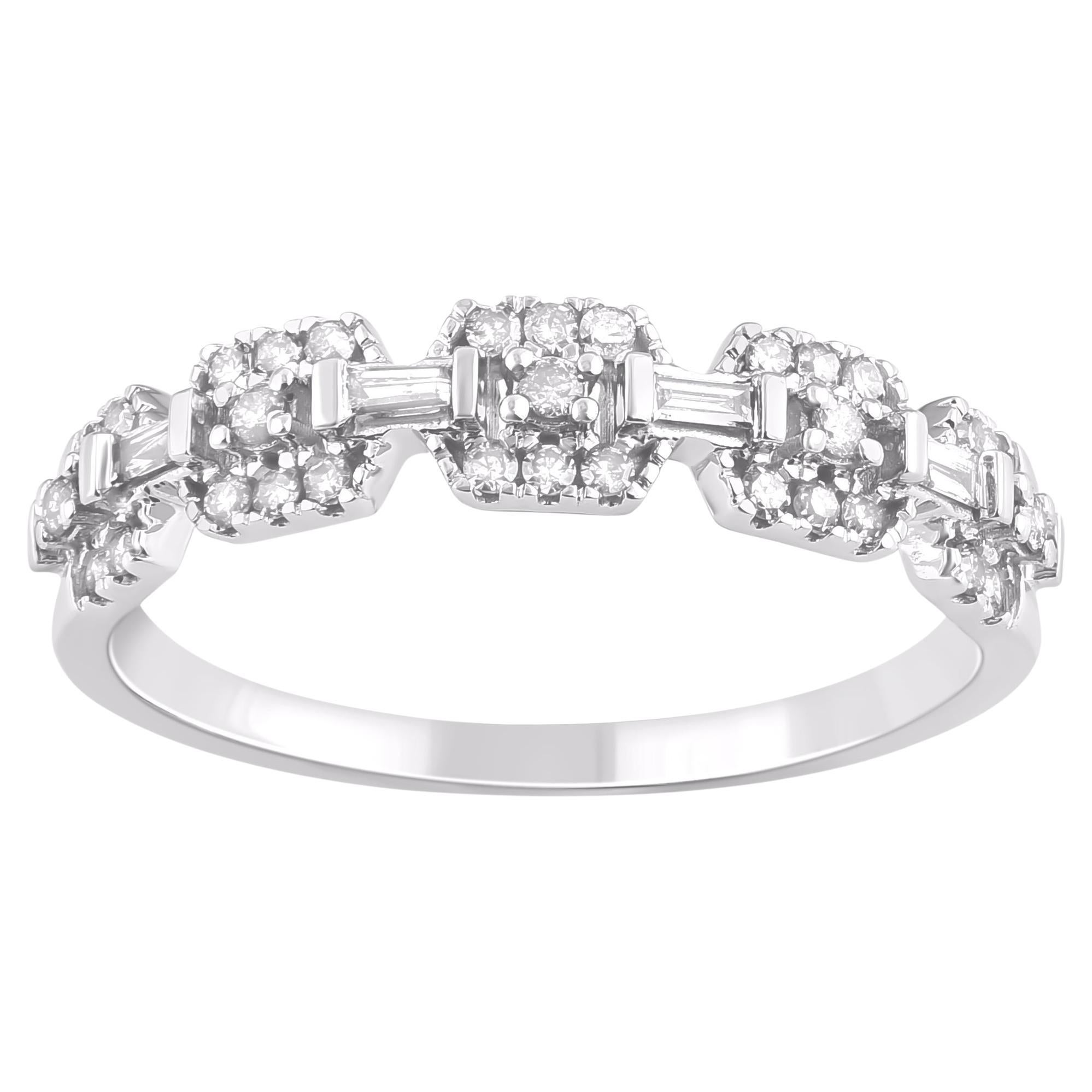 TJD 0.22 Carat Round & Baguette Diamond 14 Karat White Gold Wedding Band Ring
