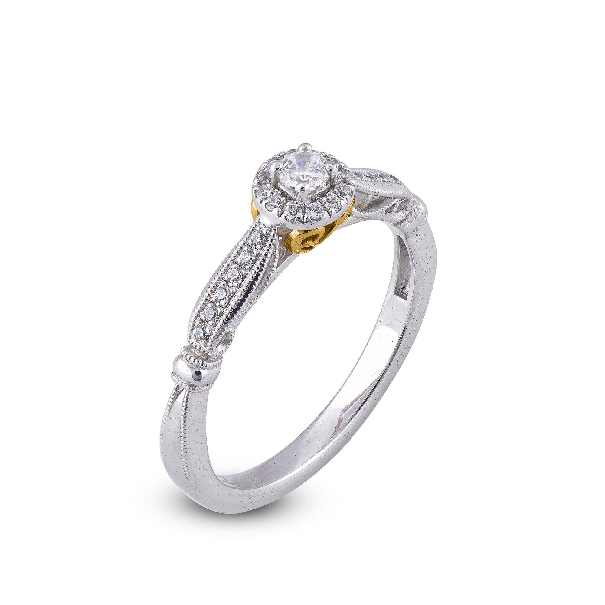 This ring dazzles with 0.22 ct of lined shank diamonds. Decorated with shimmering 25 round brilliant white diamonds set in prong and pave setting. We only use 100% natural and conflict free diamonds which shimmers in  H-I color and I2 clarity. This