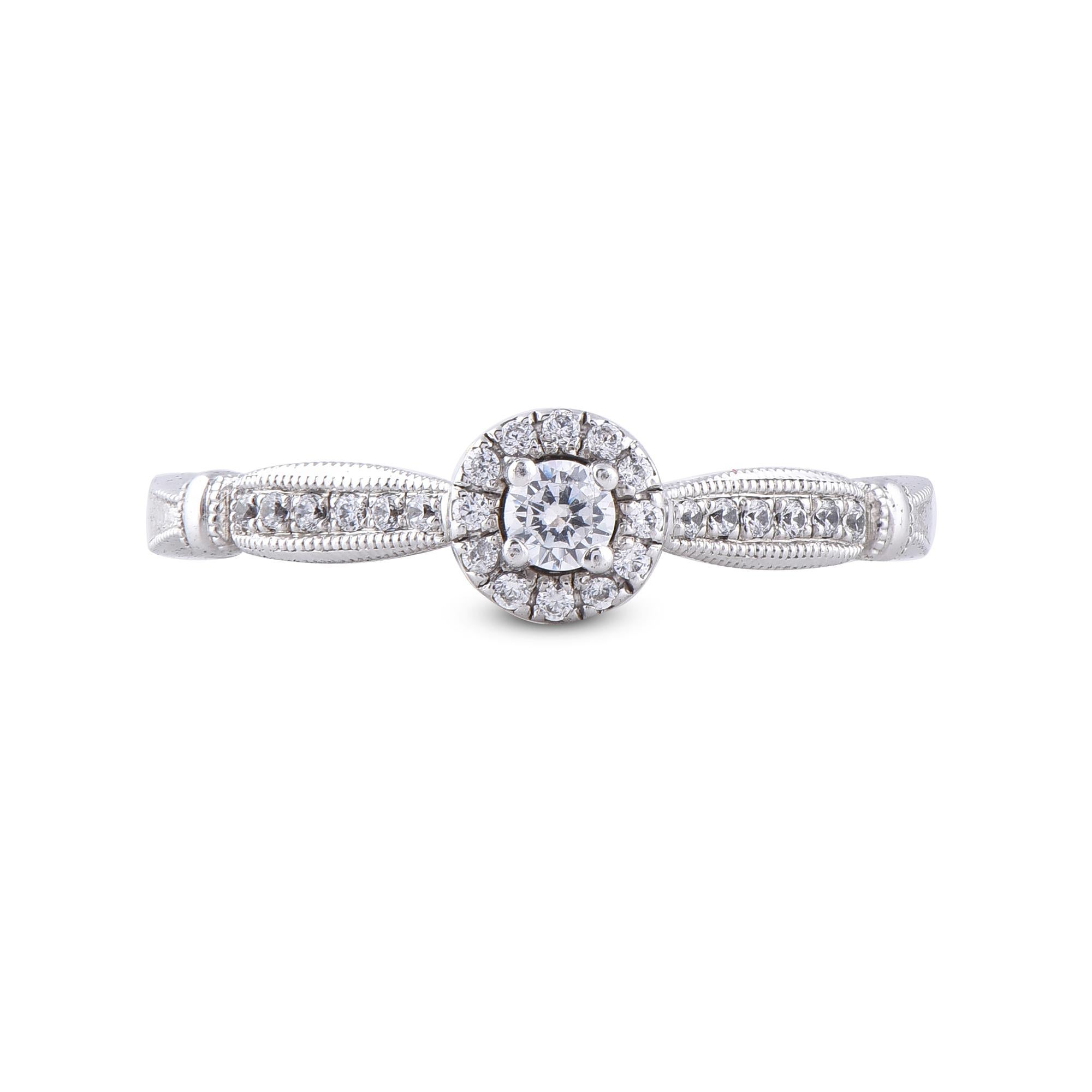 Art Deco TJD 0.22 Carat Round Diamond 14 Karat White Gold Halo Bridal Engagement Ring For Sale