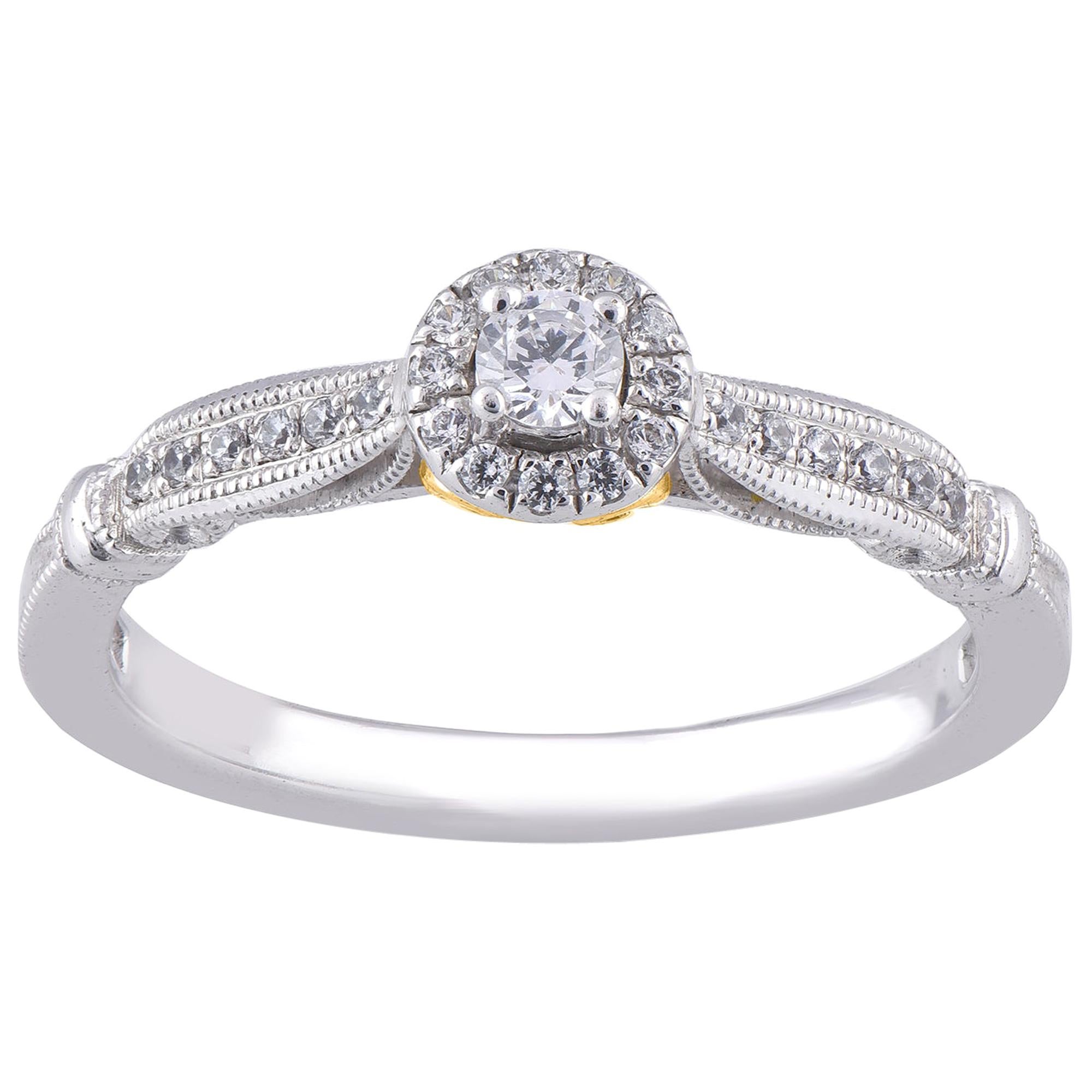 TJD 0.22 Carat Round Diamond 14 Karat White Gold Halo Bridal Engagement Ring