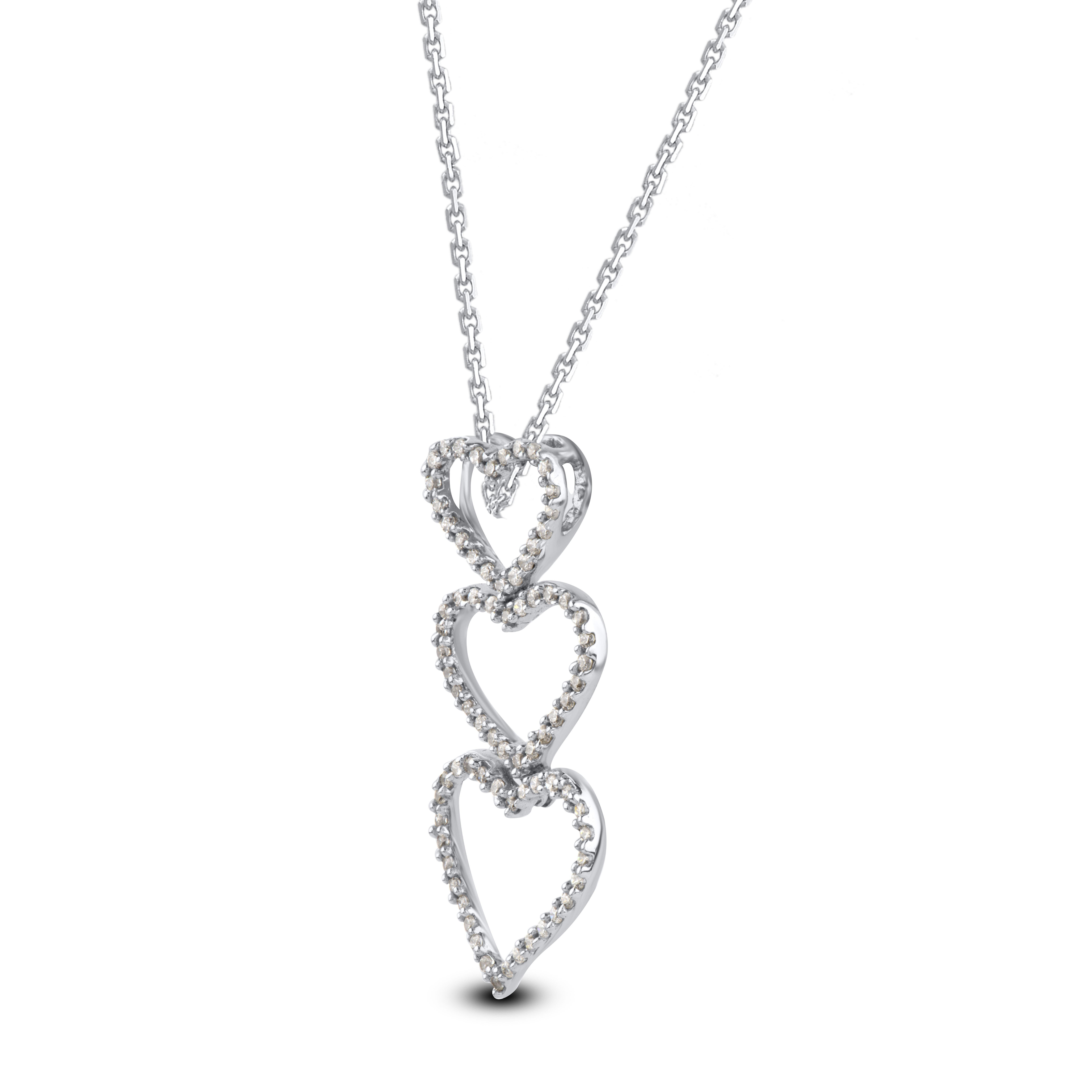Bring charm to your look with this diamond heart pendant necklace. The pendant is crafted from 14 karat white gold and features 78 round single cut diamond set in pave setting and a high polish finish complete the brilliant sophistication of this