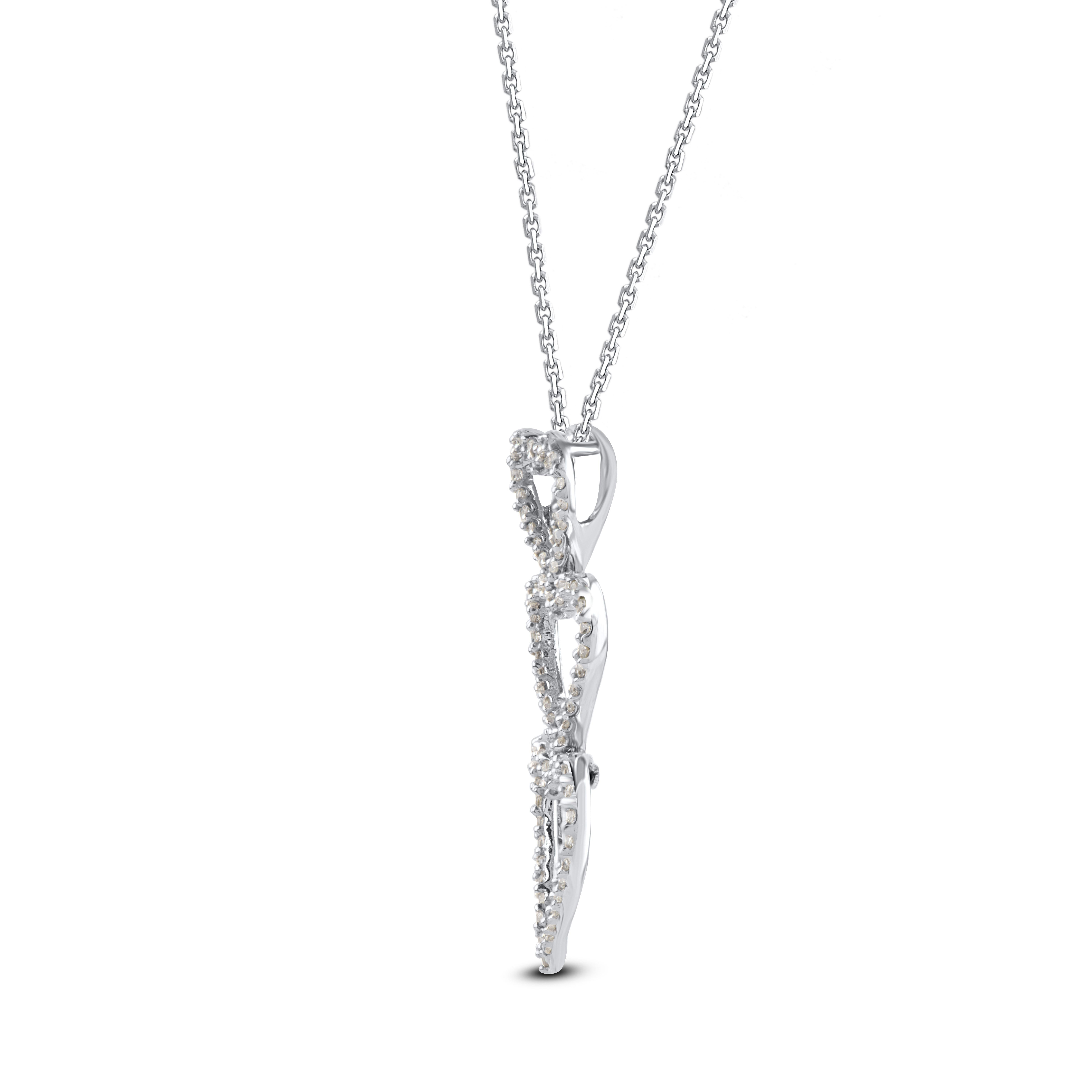 Romantic TJD 0.23 Carat Natural Diamond 14 Karat White Gold Linear Triple Heart Pendant For Sale