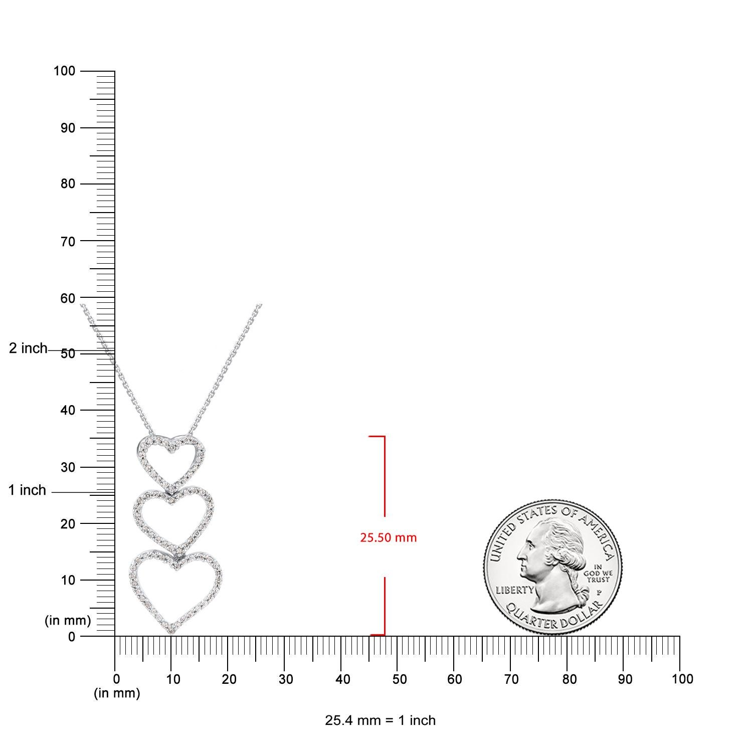 Taille simple Pendentif linéaire à trois cœurs en or blanc 14 carats avec diamants naturels de 0,23 carat TJD en vente