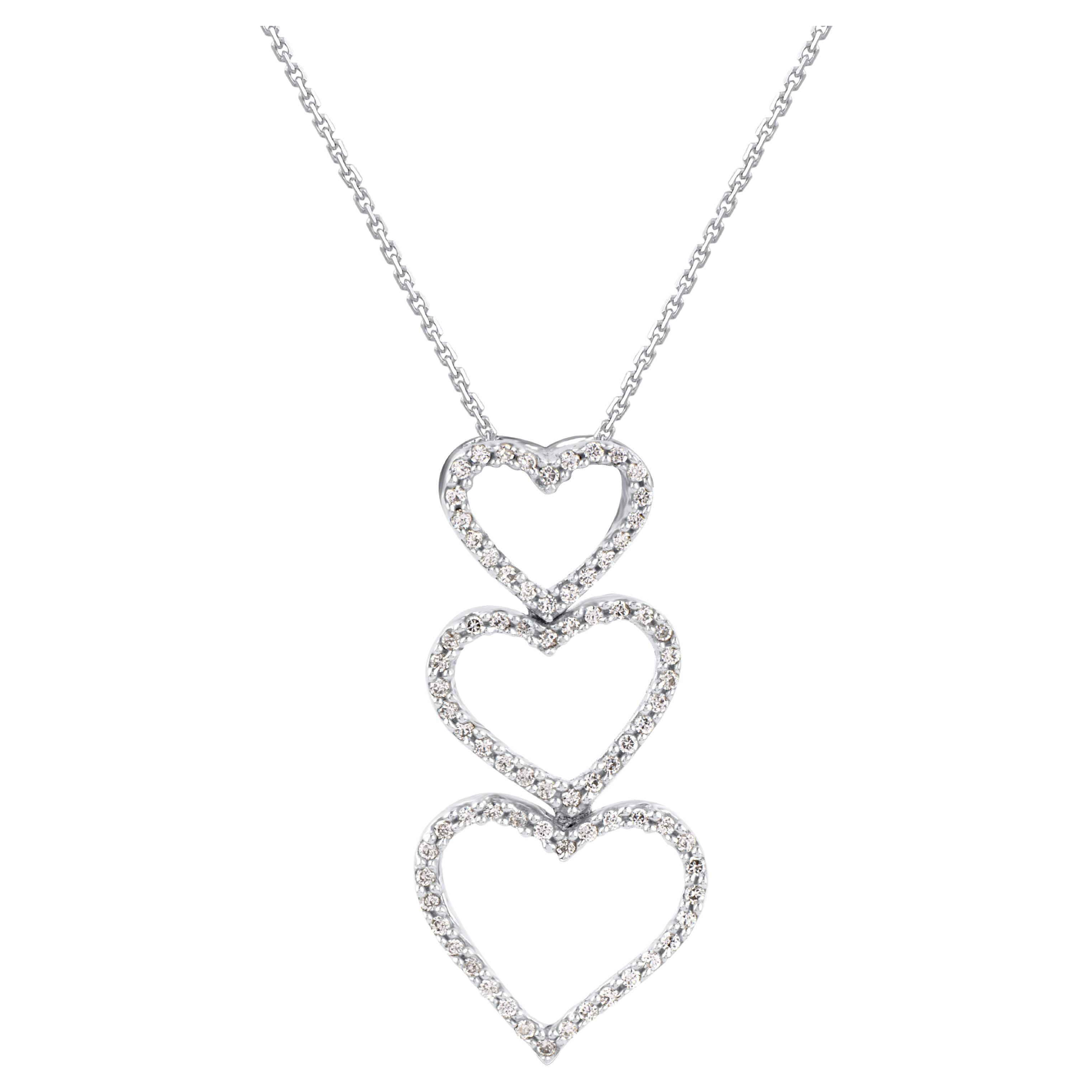 TJD 0.23 Carat Natural Diamond 14 Karat White Gold Linear Triple Heart Pendant For Sale