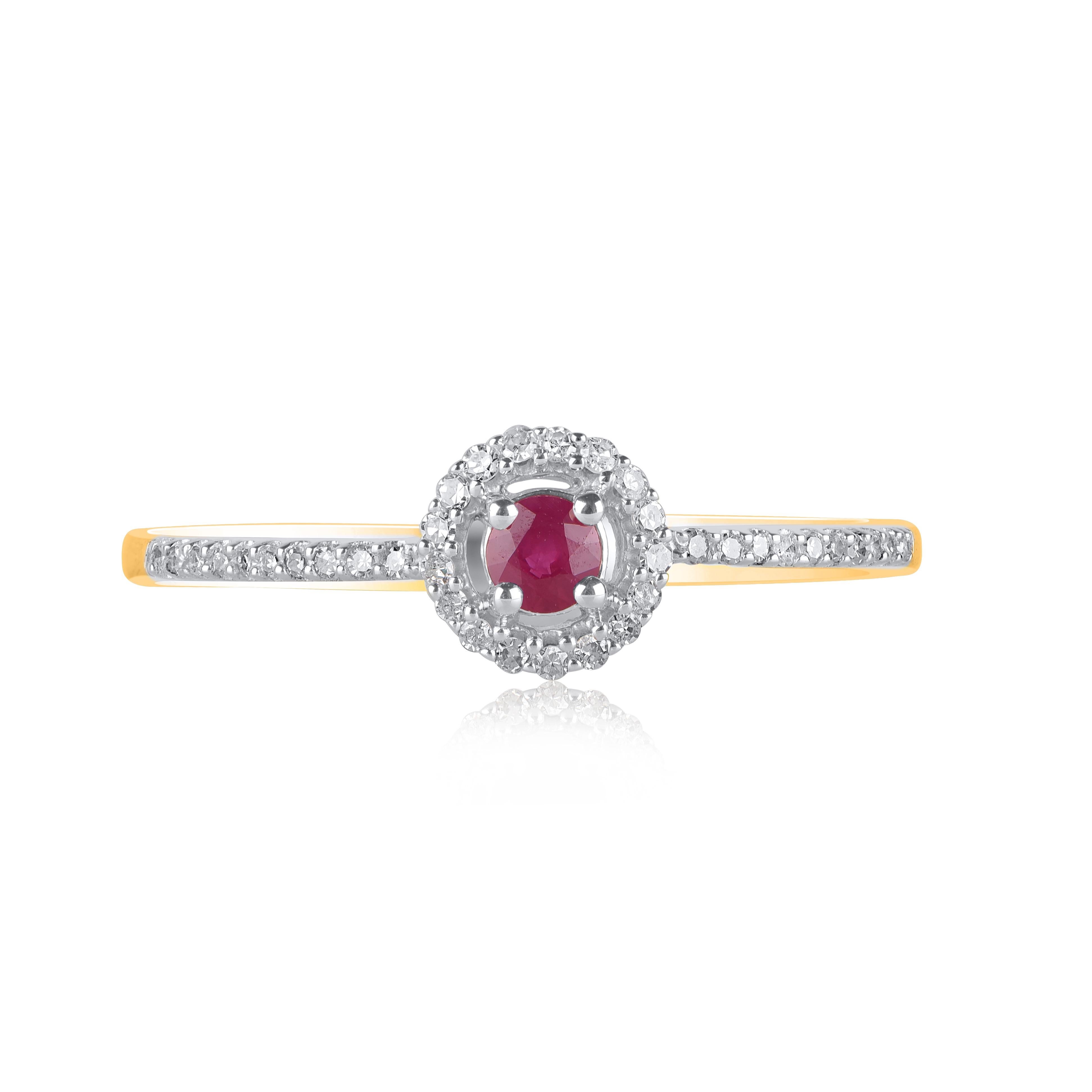 This beautiful diamond and ruby gemstone engagement ring Handcrafted in 14 karat yellow Gold. The 37 round diamond and 1 ruby gemstone elegantly set in prong setting. Diamonds are graded H-I Color, I2 Clarity.  this is a valuable addition to any