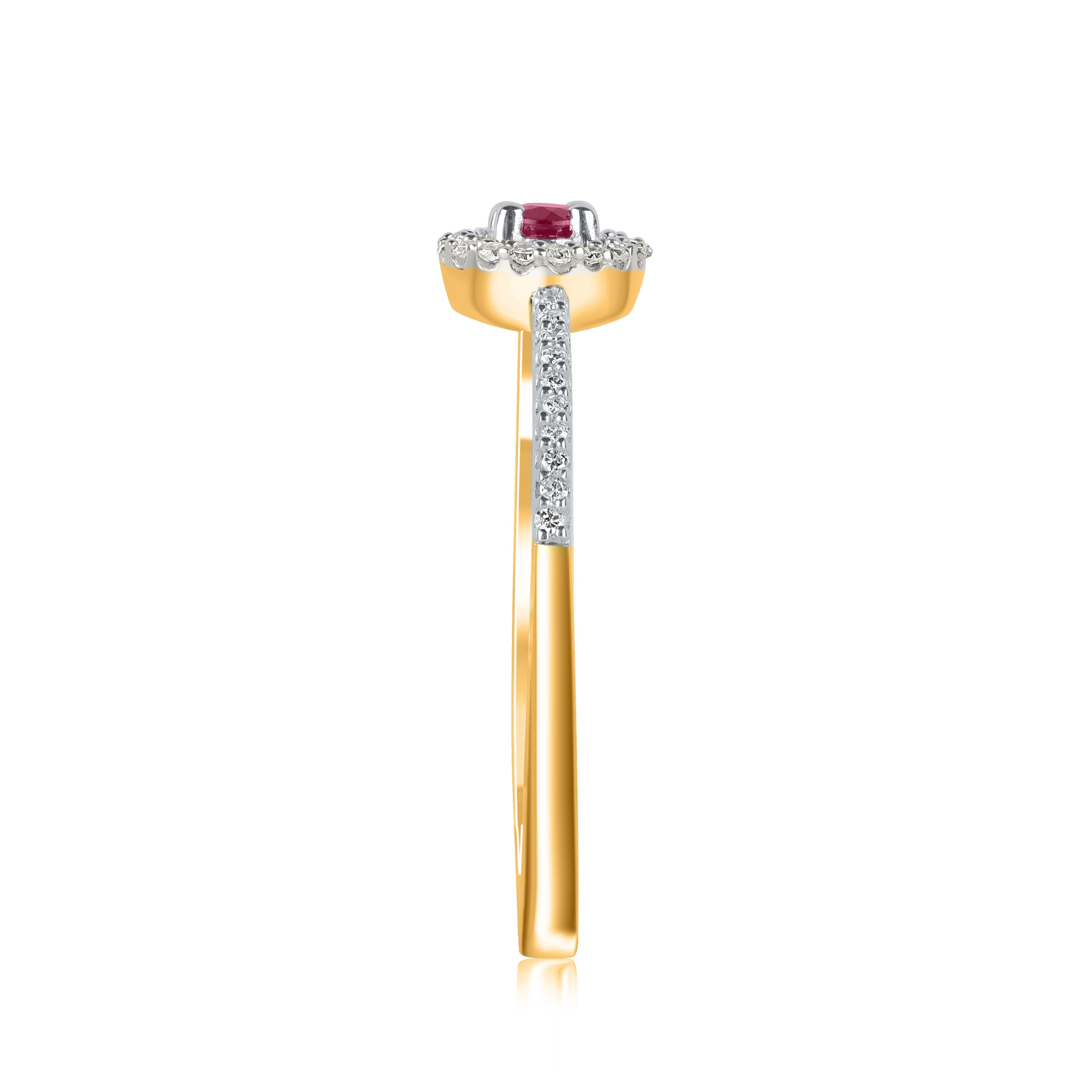 Round Cut TJD 0.23 Carat Natural Ruby and Diamond 14 Karat Yellow Gold Halo Ring For Sale
