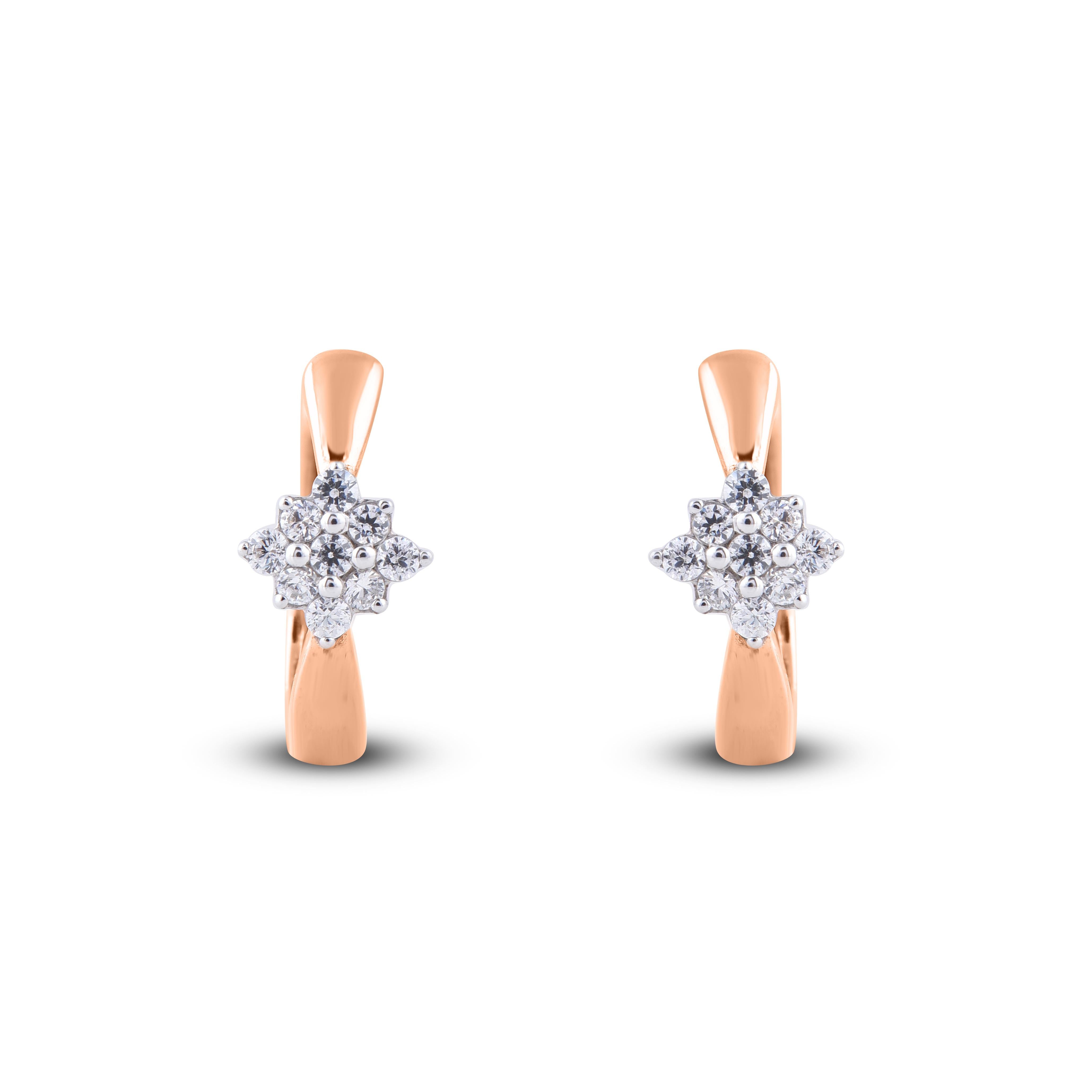 Stylish and Simple, this Huggie earrings symbolizes your simplicity, the best choice for all the women's. it features with 14 karat rose gold and sparkles with 18 round white diamond in H-I color I2 clarity and set in prong set.

